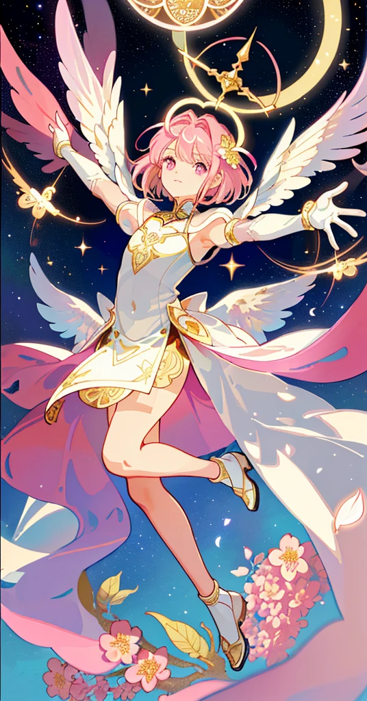 ((Masterpiece,Best Quality)),(1girl, 独奏:1.4),beautiful detail eyes, The vibrant, cinematiclight, full_body, Pink_Flowers, (tarot_card), Intricate, Detailed background, olhando_at_Viewer, Sakura Cardcaptor, Outstretched hands, (flat chest), (Walking), Random Pose, Posing, (White_gloves), (Pink_eyes), white feathers, sparkles, glistering, celestial, outer space, by Alphonse Mucha, (Gold-rimmed), Halo, (The Border of the Tarot)