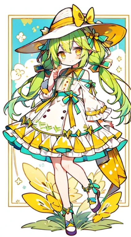 Esbian for the whole body、A Worthwhile Picture、one girls、tmasterpiece、topquality、Outstanding picture quality、Yellow-green hair、yellow eyes、Two-tailed、low twintails、Summer hat、wide-brimmed hat、summer dress、white summer dress、puro、Summer background