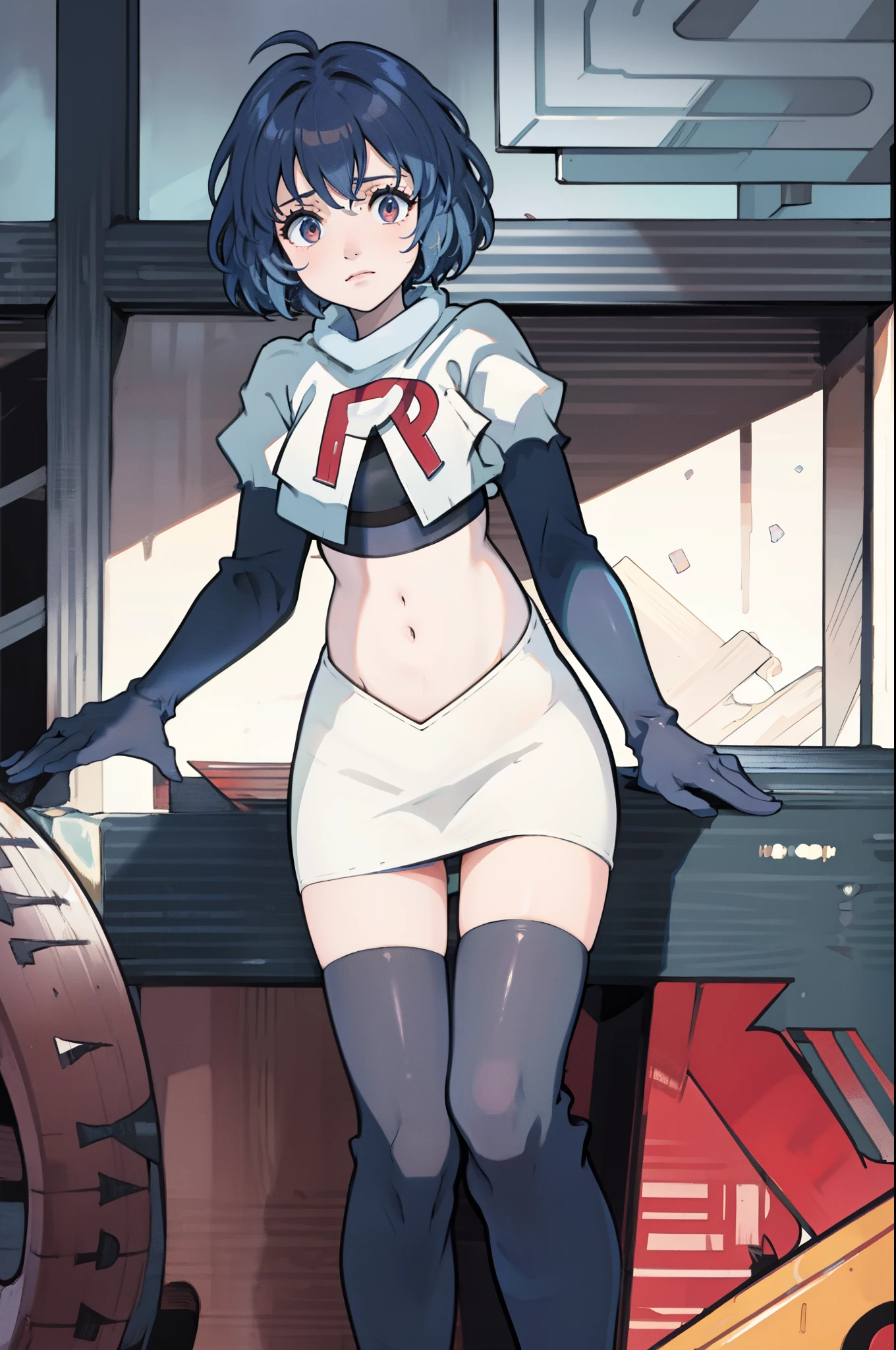 karyl,low twintails, twintails, cat tail,team rocket,team rocket uniform,white skirt,crop top,black thigh-high boots,black elbow gloves,