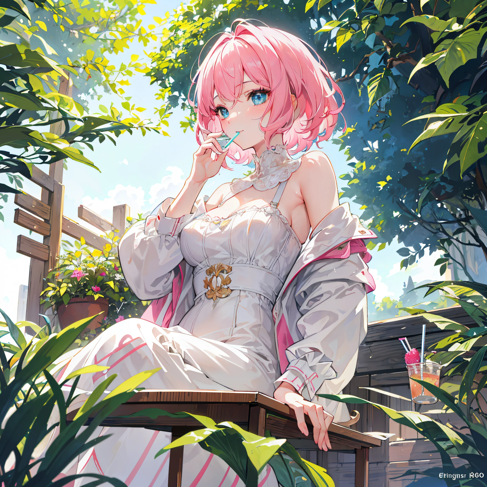 ((​masterpiece,hight resolution,8K picture quality,top-quality)),1girl in,((extra detailed face)),a 20 yo woman,Sunbeams shining through the leaves, delicate eyes,Aqua blue eyes,A pink-haired,Dramatic makeup,close up,profile,((The upper part of the body:1.5)),Looking at the camera,Look at viewers,a smile,natural perm short hair,voluminous hair,fluffy hair,Natural complexion,Super delicate CG unity,Elbow,((Drink a drink through a straw,cream soda)),Oversized jackets,cafe terrace,Wooden table,