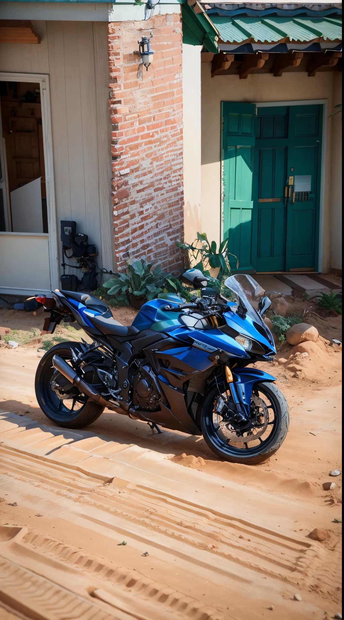 there is a motorcycle parked outside of a house in the dirt, r6, front side full, f32, f 3 2, modern minimalist f 2 0 clean, full device, motorbike, dang my linh, front side view, front profile, front side, translucent sss, motorcycle, side front view, unreal enging, f42, full pose