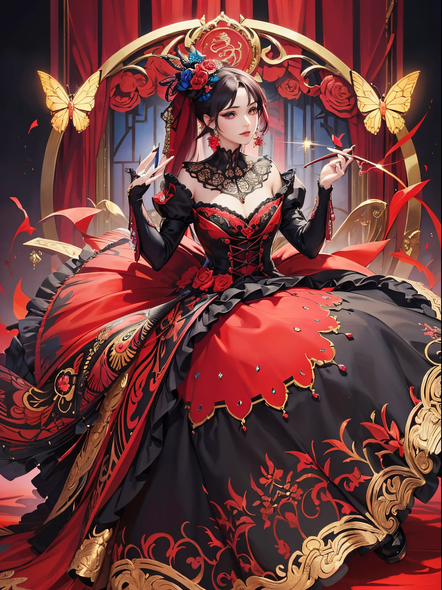 Butterfly motif、scarlet and black tones、Vibrant colors、((masterpiece)))、(((top-quality)))、((ultra-detailliert))、(A hyper-realistic)、(highly detailed CGillustration)、Official art、Seville at the beginning of the 20th century、Decadent、Madame Papillon、Cool Beauty、Masquerade、refinement、Elegance、Gorgeous、Masks that cover most of the face、Colorful and detailed mask design、matchless beauty、Fans、gorgeous dress、jewely、Female Solo、Perfect Angle、perfect-composition、full body Esbian