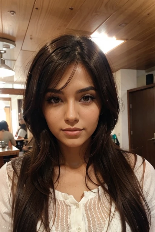 mujer canela con cabello negro y puntas amarillas con ojos cafe claros