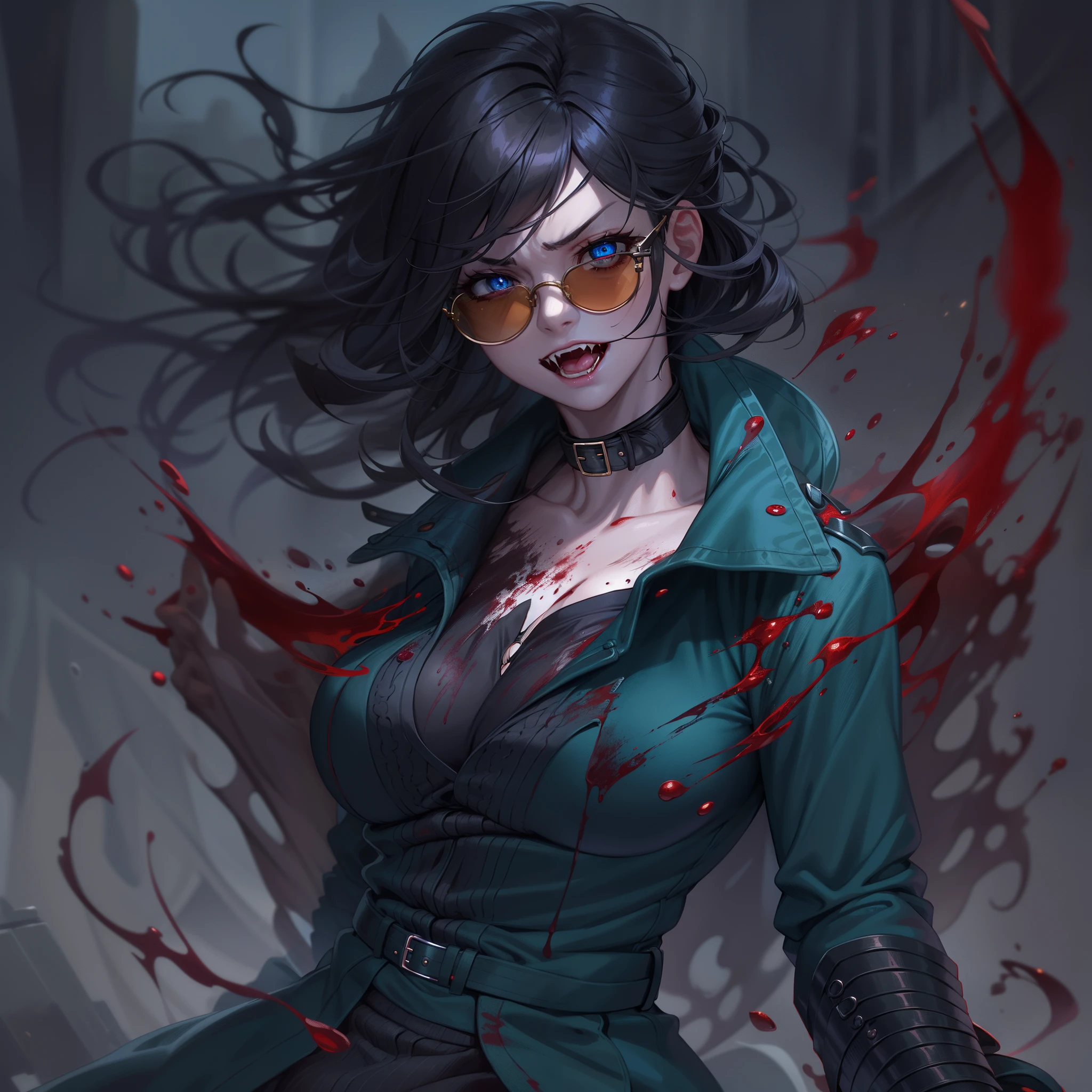 (High resolution, best quality, masterpiece) detail, intricate detail, 1female, ((solo _focused)), single, one woman, physically fit, curvy, pale skin, vampire, fierce expression, dark eyes, (detailed eyes), red_rimmed eyes, sharpened fangs, black hair, short hair, full body, human hands, ((detailed hands)), ((pointed fingers)), medium breast, beautiful, cute, dark aura surrounding her, (topwear:(((shirt:black, trench_coat:black)), handwear:((gauntlets), bottomwear:(pants:blue))))), blood dripping, glasses on the top of her head, dark tinted glasses, grinning, cocky expression, menacing, blood spatter