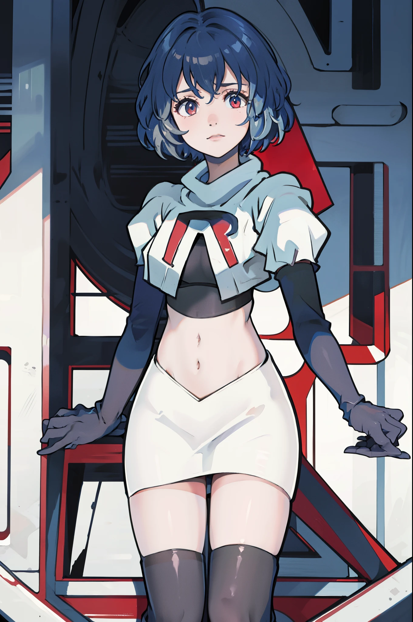masterpiece, best quality, defBernie,team rocket,team rocket uniform, red letter R, white skirt,white crop top,black thigh-highs,black elbow gloves