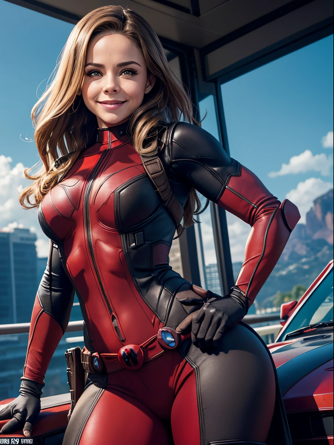 linda Riley Reid em um terno fechado do Deadpool, 8k, (sem decote), sorridente, (corpo magro), (peitos enormes), vista lateral ((very curvaceous body))