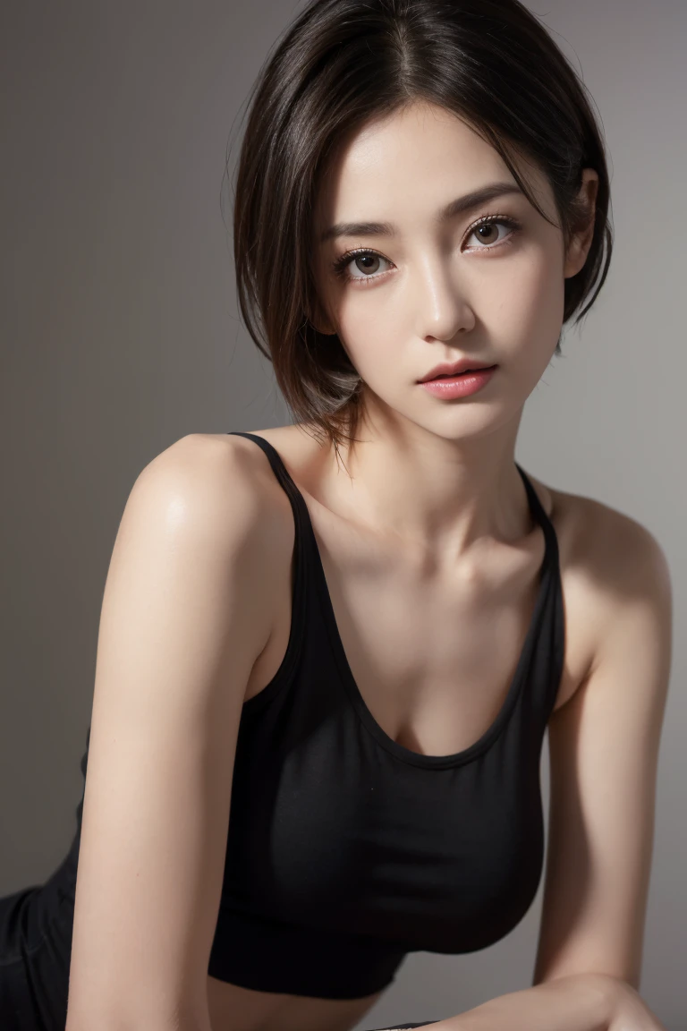 (masutepiece, Best Quality, Photorealistic, hight resolution, Photography, :1.3), Very close-up shot, Sharp Focus, Sexy European 30 year old mature、no-makeup、Small face、 hotmodel, Midriff, Highly detailed eyes and pupils, Realistic skin, Slim body shape, Same as, cleavage, very detail hair, Delicate sexy face, Organoleptic gas, shiny lips, ((wearing black tanktop)), ((Realistic, Super realistic, Realism, realistic detail))、Shortcut Hair、dark brown hair、Bust B Cup、Small breasts、fullnude、Light gray background