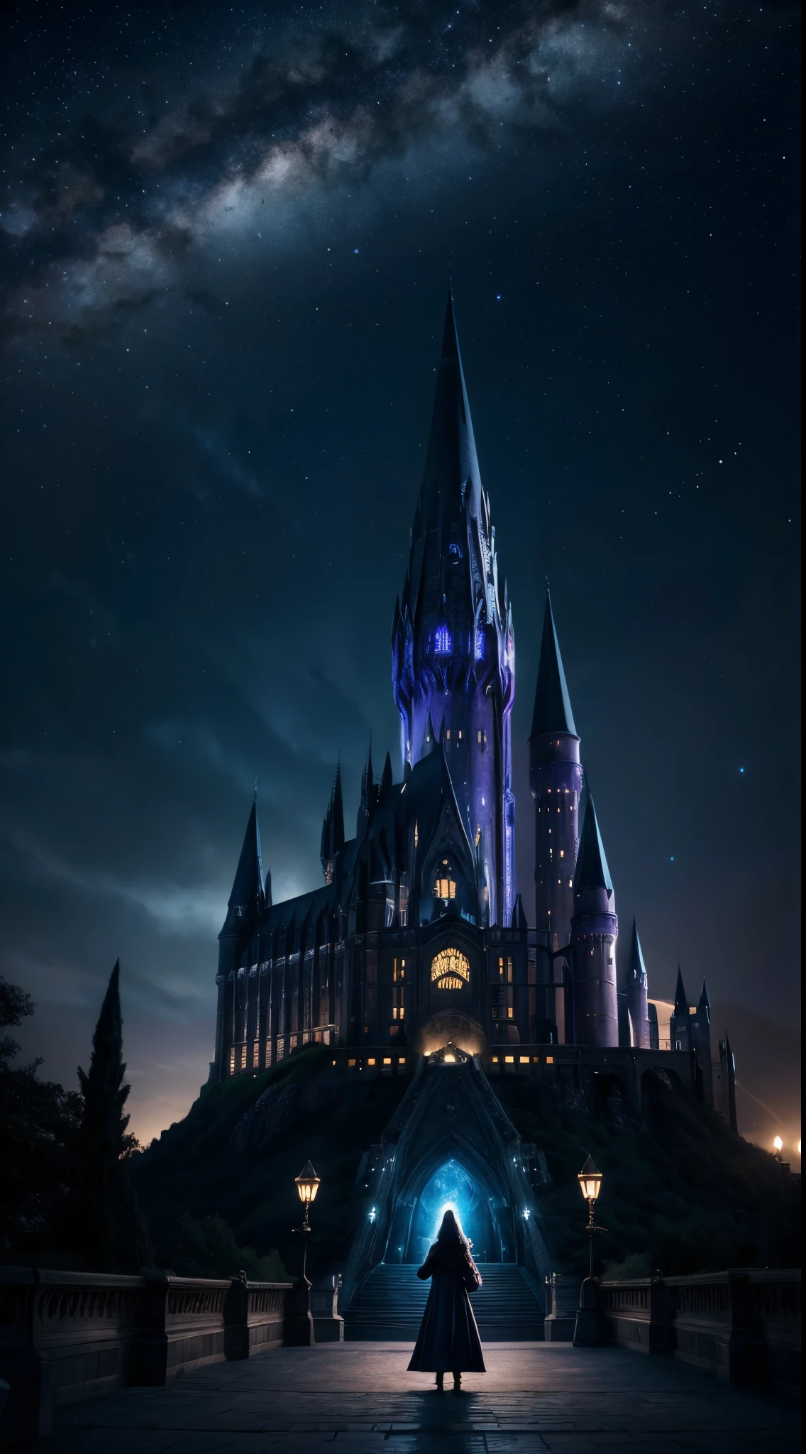 The image depicts Hogwarts at night, under a starry sky full of magical constellations. At the center of the composition, Lila Starlight stands out, a young witch with long black hair that seems to merge with the darkness of the night. His eyes reflect starlight, emitting a celestial glow.
Around Lila, Hermione Granger and Luna Lovegood stand in fighting stance, holding magic wands as they look up at the sky, where a dark, menacing figure stands out against the stars. The image captures the moment when the three friends prepare to face the threat revealed by the prophecy, determined to protect Hogwarts and the magical world.
Hogwarts castle serves as the backdrop, illuminated by soft light emanating from the windows. The majestic towers and imposing grounds create an atmosphere of magic and mystery. In the foreground, mysterious astrological symbols float in the air, representing Lila's unique connection to the stars.
The image conveys the sense of an impending battle between light and darkness, with Lila's celestial magic guiding the way to victory. The ensemble creates a visually striking composition that evokes the emotion and grandeur of the "Inheritance of the Stars" story in the Harry Potter universe. Ultra HD, 8k