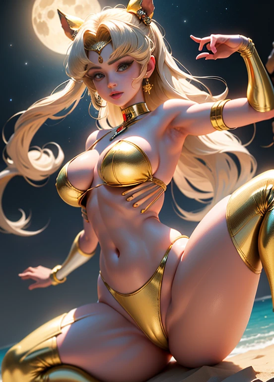 ((master part)), (best quality), (ultra detalhado), ((Very detailed)), 4k, (8k), shiny golden bikini, lua marinheiro, longos cabelos loiros, rabo de cavalo duplo, moon sailor Aesthetics, Dream nucleus,seios enormes, (silhueta do mamilo ereto e clara: 1.4), (Camelo: 1.2), dynamic pose, Estendendo as pernas, (Pelos pubianos ultra detalhados silhueta clara: 1.4), (foco nos pelos pubianos: 1.2), umbigo