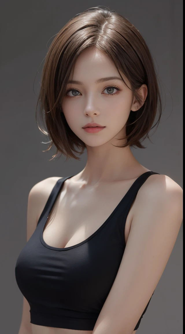 (masutepiece, Best Quality, Photorealistic, hight resolution, Photography, :1.3), Very close-up shot, Sharp Focus, 1 brunette girl, European 30 year old mature woman、no-makeup、Small face、 hotmodel, Midriff, Highly detailed eyes and pupils, Realistic skin, Slim body shape, Same as, cleavage, very detail hair, Delicate sexy face, Organoleptic gas, shiny lips, ((wearing black tanktop)), ((Realistic, Super realistic, Realism, realistic detail))、Shortcut Hair、dark brown hair、Bust B Cup、Small breasts、fullnude、Light gray background