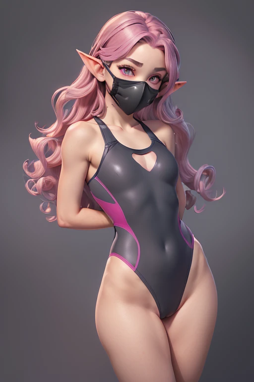 1girl, bare shoulders, (((( dark-grey swimming costume)))), (((mask))) , (((pink hair))), (((emerald color eyes))), cleavage, earrings, elf, flat,((((small chest)))), ((((flat chest)))), ((big ass)), ((((small breasts)))), ((((flat breasts)))), lips, lipstick, (((long curly hair))), looking at viewer, makeup, medium breasts, navel, pointy ears, red lips, solo, upper body