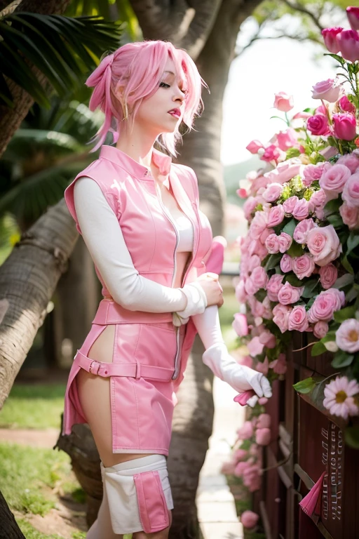 hay una mujer con cabello rosado y guantes caminando por una acera, Haruno Sakura, Sakura Haruno, pink iconic character, Anime de cosplay, Anime Girl Cosplay, Hermosa Aerith Gainsborough, aerith Gainsborough, De Final Fantasy VII, cosplay profesional, Ayaka Cosplay, Desde FF7, Foto cosplay, cosplay completo, cosplay