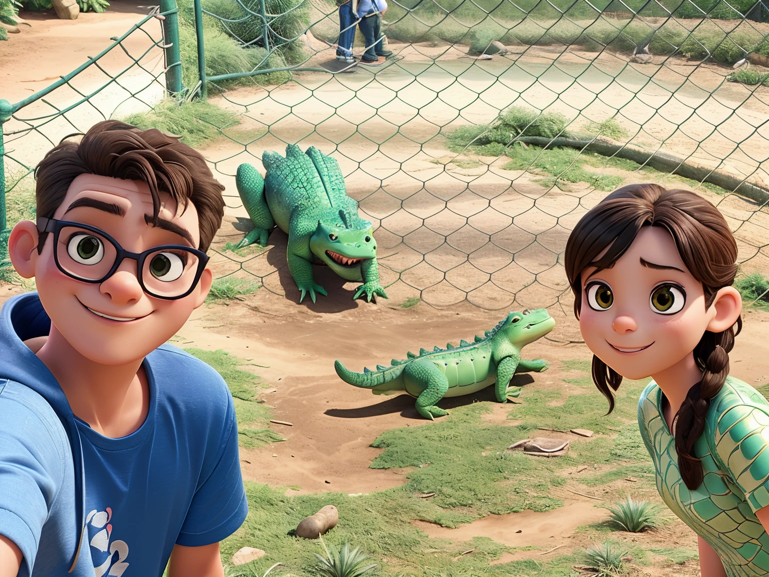 there are two people taking picture next to a fenced crocodile, real picture taken in zoo, taken with sony alpha 9, taken in zoo, in the zoo exhibit, taken with the best dlsr camera, selfie, shot with iphone 1 0, crocodile in the background, low quality photo, picture taken in zoo, shot on nikon z9, facebook post