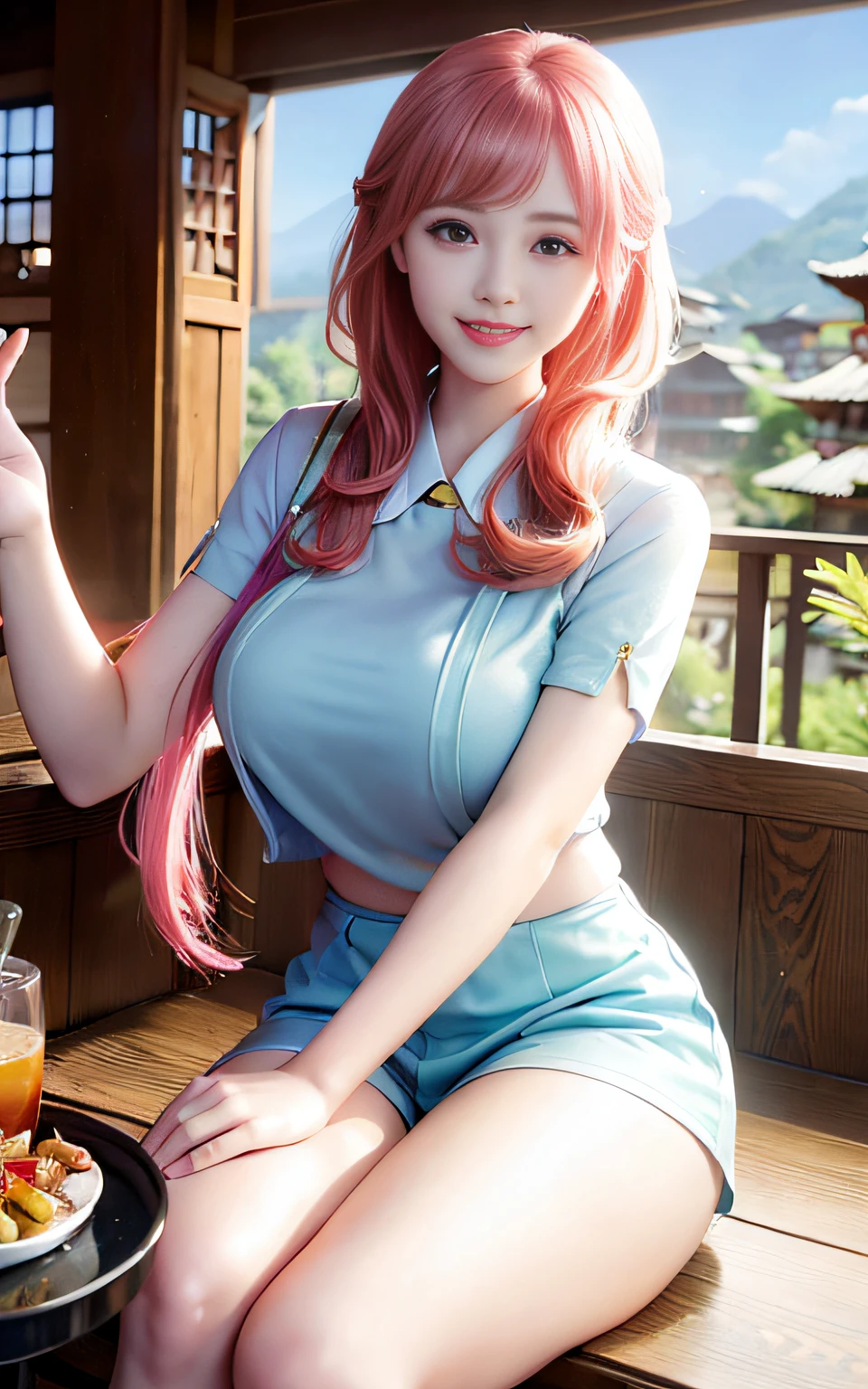 young and attractive,Glamorous woman,Seductive smile,With the valley and skyscrapers in the background,Enjoying tomato juice, okonomiyaki, salt-grilled cutlassfish, and chestnuts at a hot spring inn,she has a bright and cute atmosphere,Pink hair,Two-side-up hairstyle,long back hair,Distinctive lavender eyes,A sophisticated department store uniform-style costume using light blue and yellow.,hotpants,smile at the camera