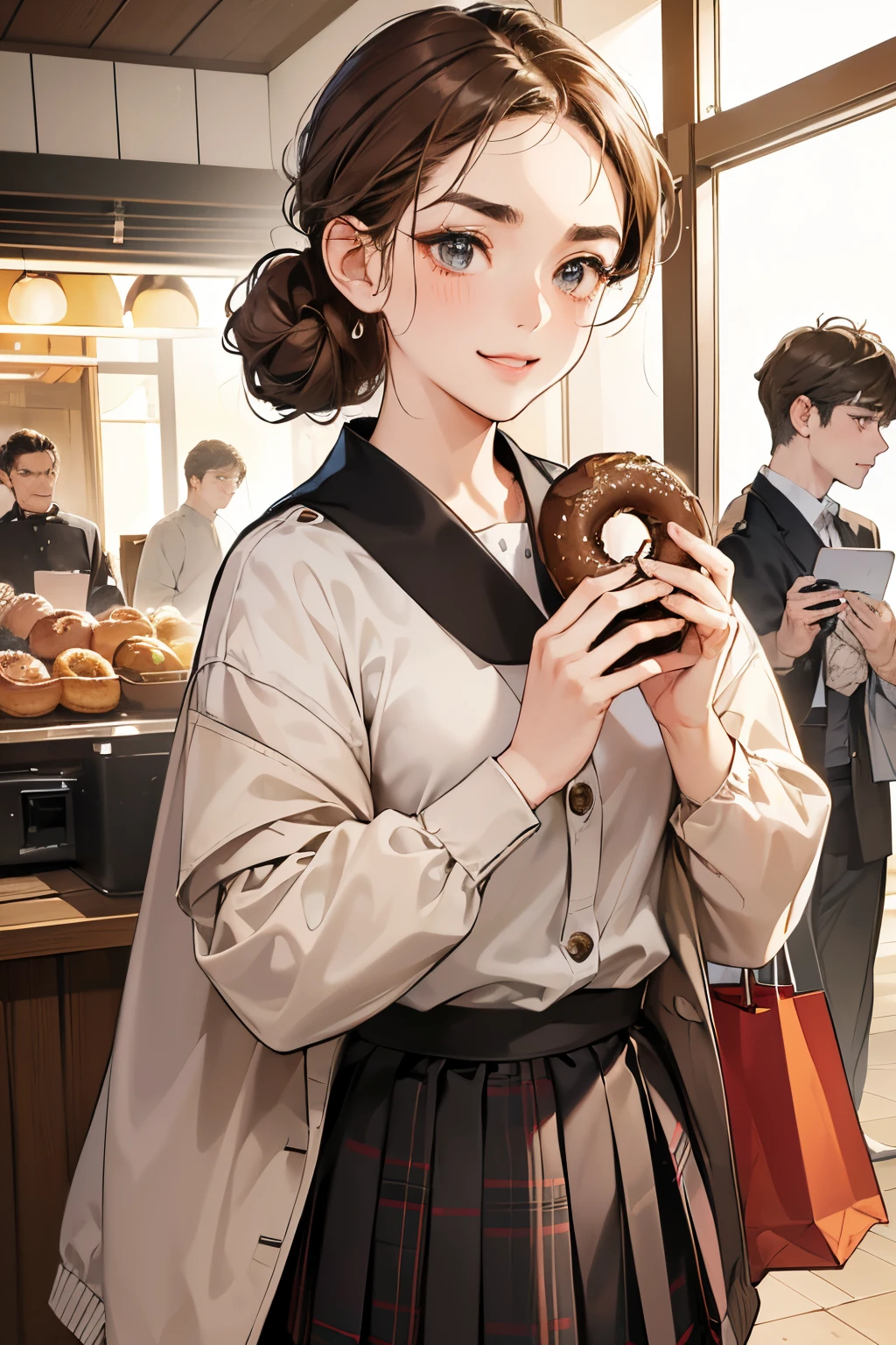 (masutepiece, Digital Art, Digital Illustration, 4K, 8K, Ultra-detailed, beautiful image, Sharp Image, Photorealistic, Raw photo, Perfect face, Perfect lines, Perfect eyes, Soft lighting) 1 woman, (lightbrown hair,Chignon hair in a high position,Innocent look,Lowered eyebrows,drooping eyebrows,drooing eyes,cute large eyes,natural make up,kindly smile,Round jaws,petite female:1.3),Two handsome men in uniform, (ember,men are wearing uniforms,well-muscled,Firm shoulder width,Adult male,Boyish hairstyle,English gentlemanly style,Cool boys、man with bright smile:1.2),(Nervous,be shy,sleepy,embarrassed from:1.2),innocent smiles,(embarrassed from,Shy smile:1.1),Donut shop full of light、donut、many kinds of donuts、校服、blazers、Black Plaid Pleated Skirt、baggy cardigan、hi-school girl、Eat-in、eating a donut、Shopping and eating with friends