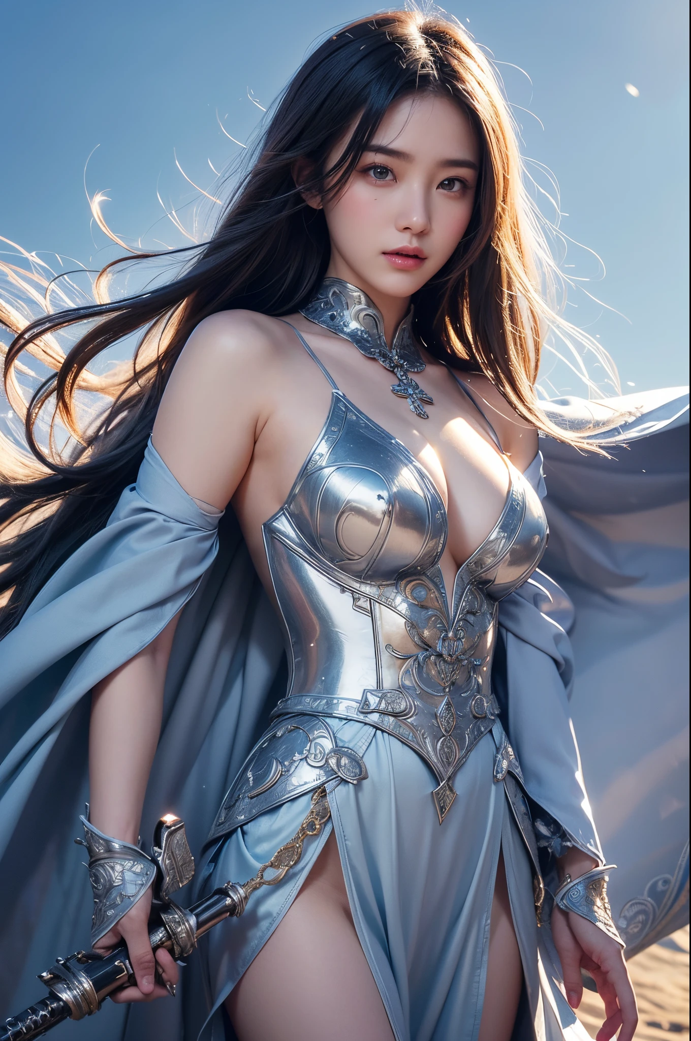 semilong hairstyle、8K、Big Super Detail、masterpiece、top-quality、(ighly detailed)、dynamic ungle、mysterious look、Wind-effect、Fantasy background、Rim lighting、ciinematic light、超A high resolution、8K UHD、film grains、Best Shadows、Delicate、raw、Particles of light、detailed skin textures、detailed armor texture、A detailed face、intricate-detail、ultra-detailliert、with light glowing、strong con、Silver armor、(Holding weapons)、Slashing、Slashing Action、large full breasts,scapular、radiant eyes、 long cloak、Fantasia、(realisticlying)、armor on the shoulders、Convoluted、Convoluted、Perfect litthing、looking at the viewers、电影灯光、flying though the air、flight、Holy Light、Brilliant、bangss、Windy、Frozen mountains々々々々、white wavy long hair、Rich Queen,A sexy,enticing,a short bob,Precision Decoration Chest Armer,full bodyesbian