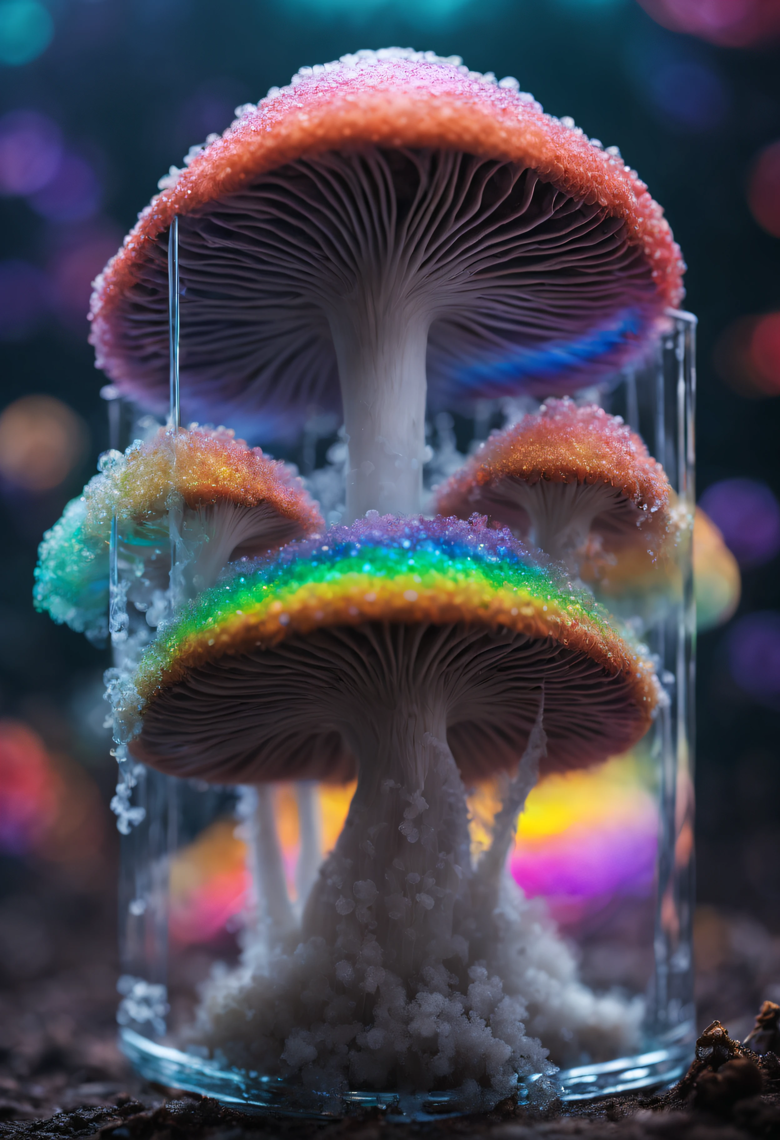 The main mushroom has half its head cut off and is made from fallen ice crystals.、covered with ice crystals、Mushroom legs are so delicate and thin that they look like they might break.、(((Mushroom legs are made of transparent ice crystals:1.2、The inside of the mushroom appears to be filled with rainbow-colored smoke.)))、Mesmerizing surreal movie stills of Alice in Wonderland,、 magical dreamland bokeh background, A fascinating and eerie fantasy world, Illuminates dark shooting scenes with fantastic light。, Otherworldly elements of a familiar story, ether wonderland, mystic atmosphere, Dark magic and dark fantasy realism aesthetics, translucent bioluminescent material、Otherworldly luminescence、((Born in another world、A strangely shaped poisonous mushroom that emits bewitching smoke..,)) Ultra-realistic, (Voronoi pattern, depth of fields, (swirly bokeh:1.275), (Kodak Portra 400:0.875) :1.15), (Realistic and complex futuristic background,), (Turbulent Toxic Vapor:1.2, Magnificent surrealism, iridescent lighting, low key light:1.1), Notable masterpieces, celestial, Ethereal, epicd, Magical Light Flare, Natural, soft dreamy lighting, ((Warm Yellow and Deep Carbon:0.7), (Cinematic Look:1.15):1.15)、The inside of the mushroom appears to be filled with rainbow-colored smoke.