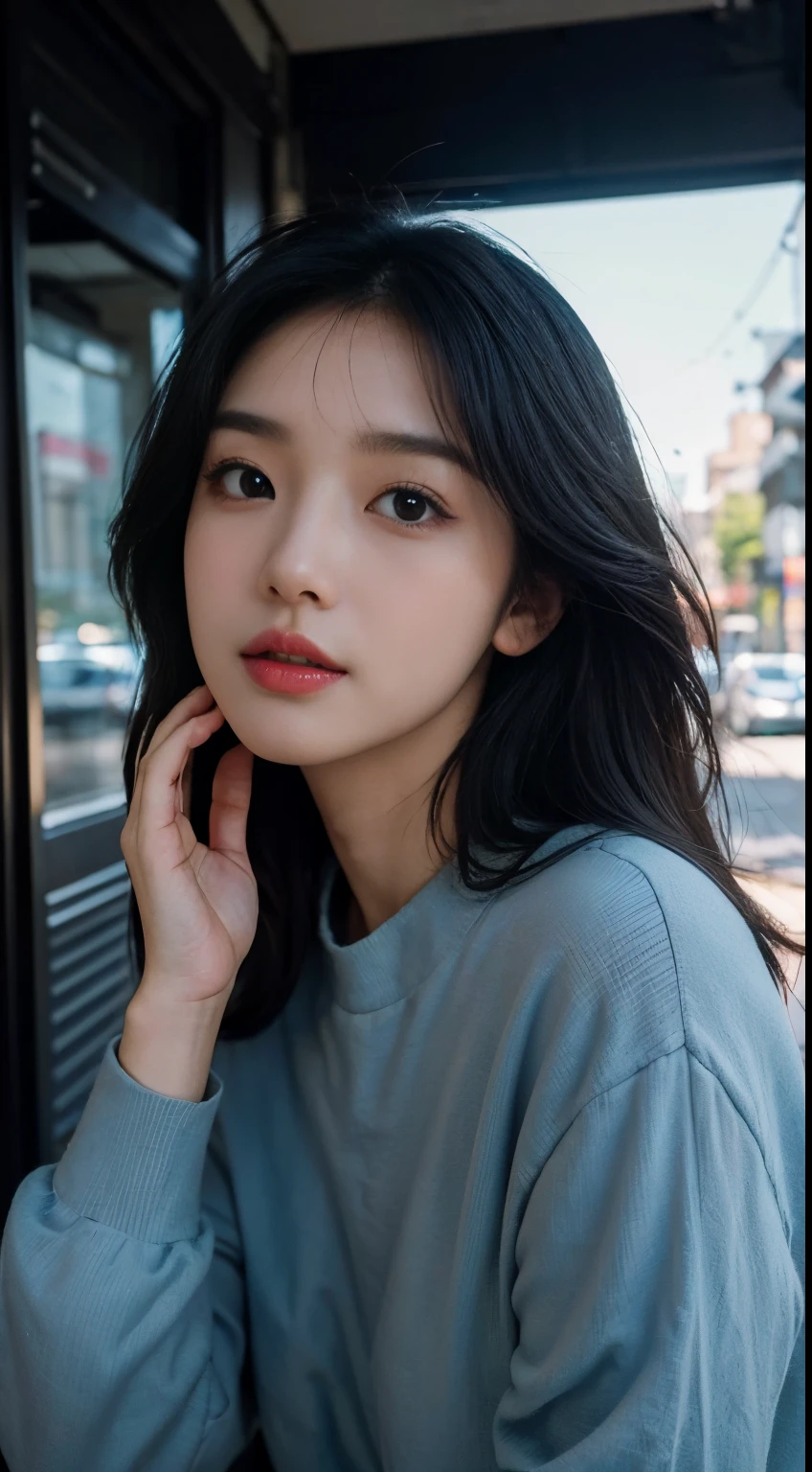 ((Best quality, 8k, Masterpiece :1.3)), adorable, full body, ulzzang 1 girl, youthful, delightful cute face, random hair, black hair, detailed hair, random boyish outfit, aesthetic selfie, ultra-detailed face, perfect face, extremely perfection, detailed eyes, double eyelid, big doe-eyed, black eyes, straight nose, detailed nose, long eyelashes, detailed eyelashes, v-shape face, ullzang selfie, random pose, aesthetic pose, (random aesthetic background), iphone camera selfie