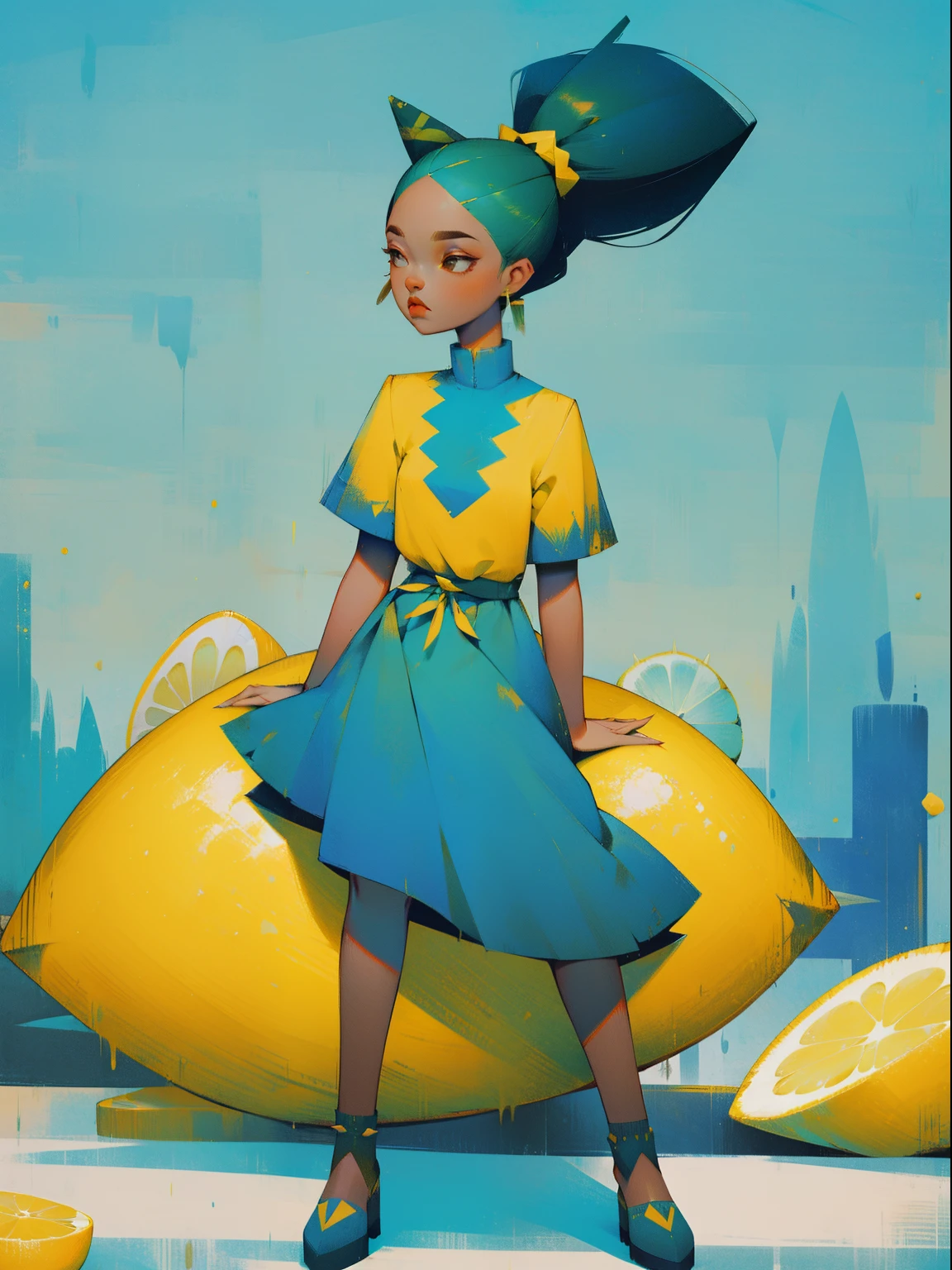 1girl, full - body, Young,short height, Dlrivery African girl, dark face blue spiky hair gathered into a ponytail at the top of the head ,national African clothing turquoise and lemon color short top