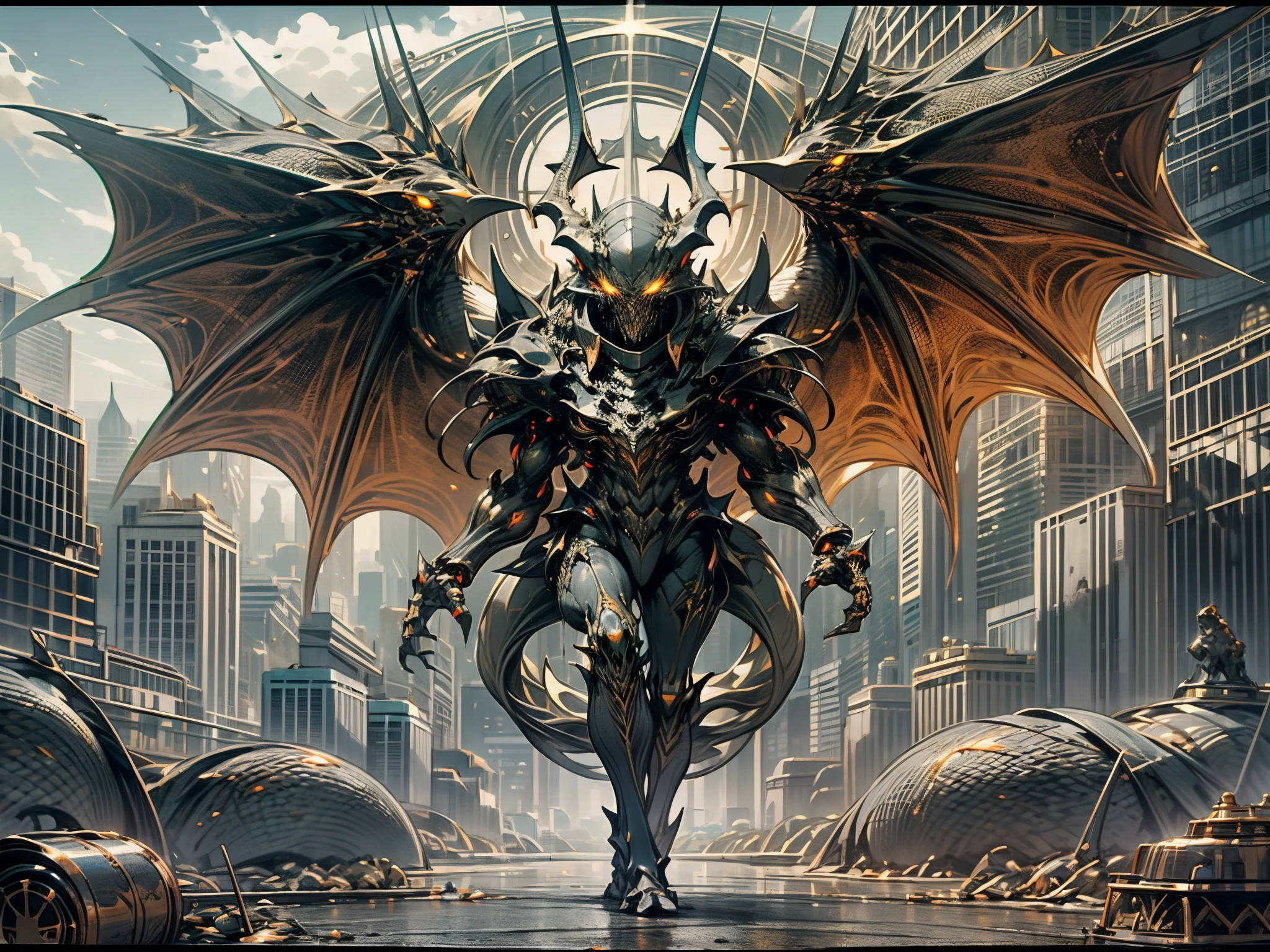 Diablo, alien dragon,four glowing eyes, four wings on the back, five twisted horns on the head, two tails, Dark metallic scales with glowing details across the body, desolate, full body, horror, hellish, luminism, 300 DPI, 8K Ultra HD, photo realistic, dark, wide angle, in Post-apocalyptic city --auto --s2