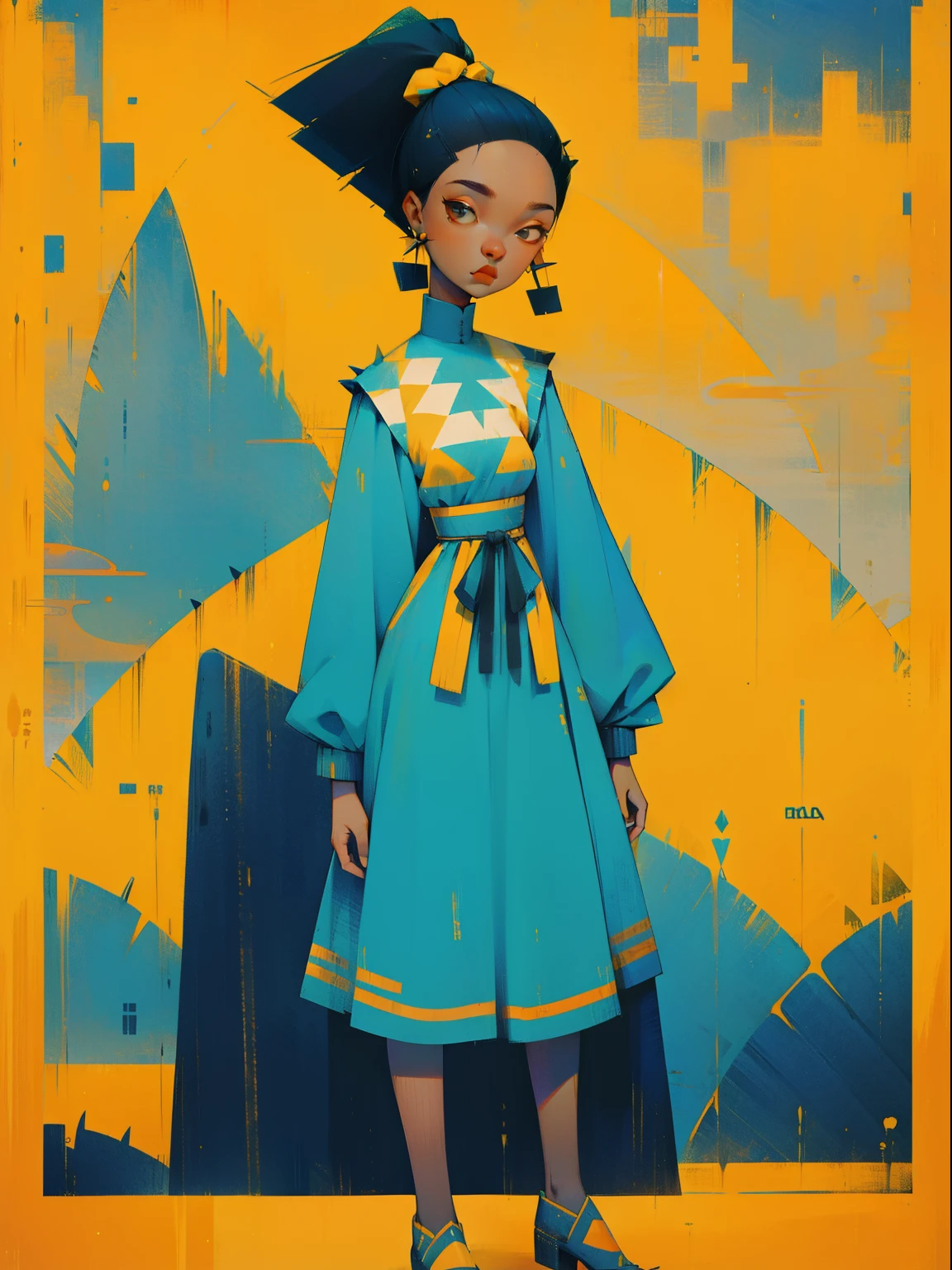 1girl, full - body, Young,short height, Dlrivery African girl, dark face blue spiky hair gathered into a ponytail at the top of the head ,national African clothing turquoise and lemon color short top