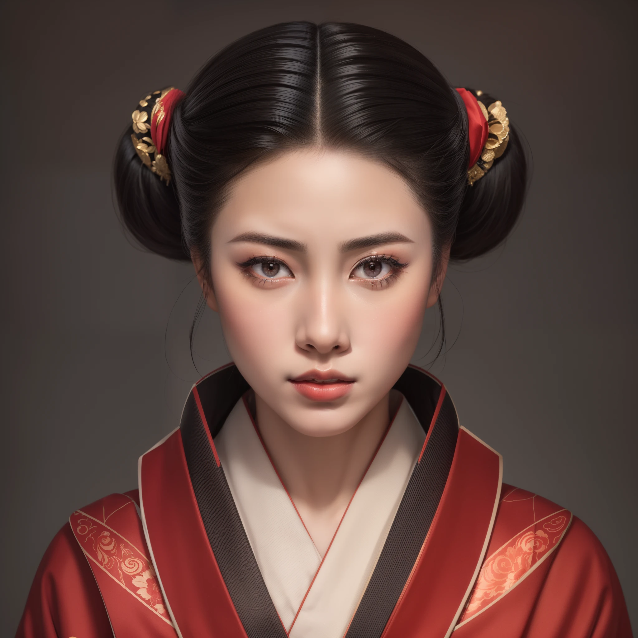 a beautiful young geisha, with full lips, beautiful eyes, black hair, silky skin, wearing buns in her hair, wearing a stylized gray kimono with a red and white lapel, Hyperrealistic portrait of a geisha, Portrait of a beautiful geisha, Photorealistic portrait of a geisha, stunning realistic digital art, Geisha of beauty, a wonderful geisha of intricate details.