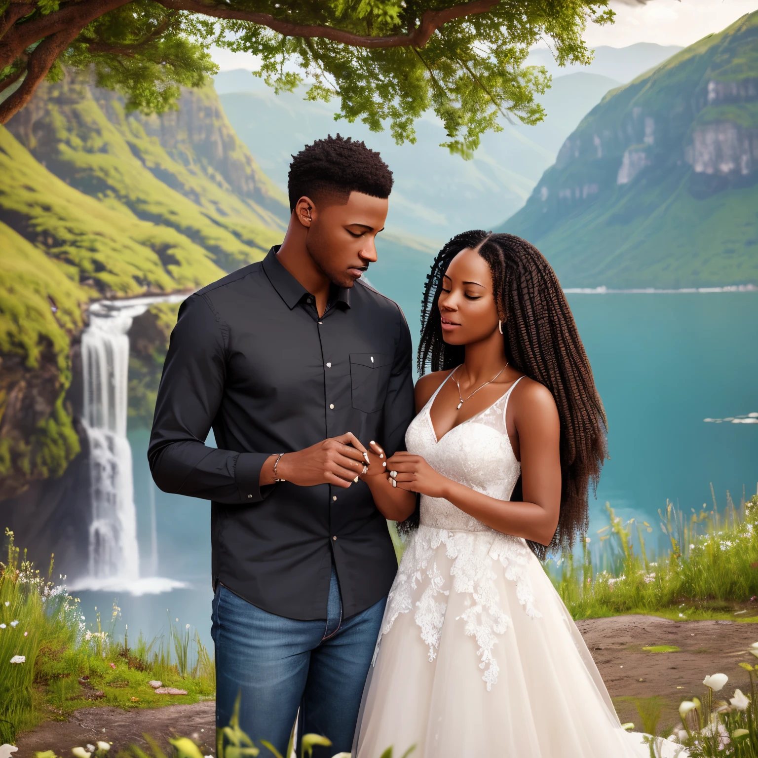 Produce a realistic and detailed visual representation of a black couple, with special attention to detail. Place them against an immersive backdrop of stunning natural landscapes, ensuring the atmosphere conveys attraction and beauty. Highlight the couple's emotional connection and harmony with the natural surroundings in the composition of the image --auto --s2