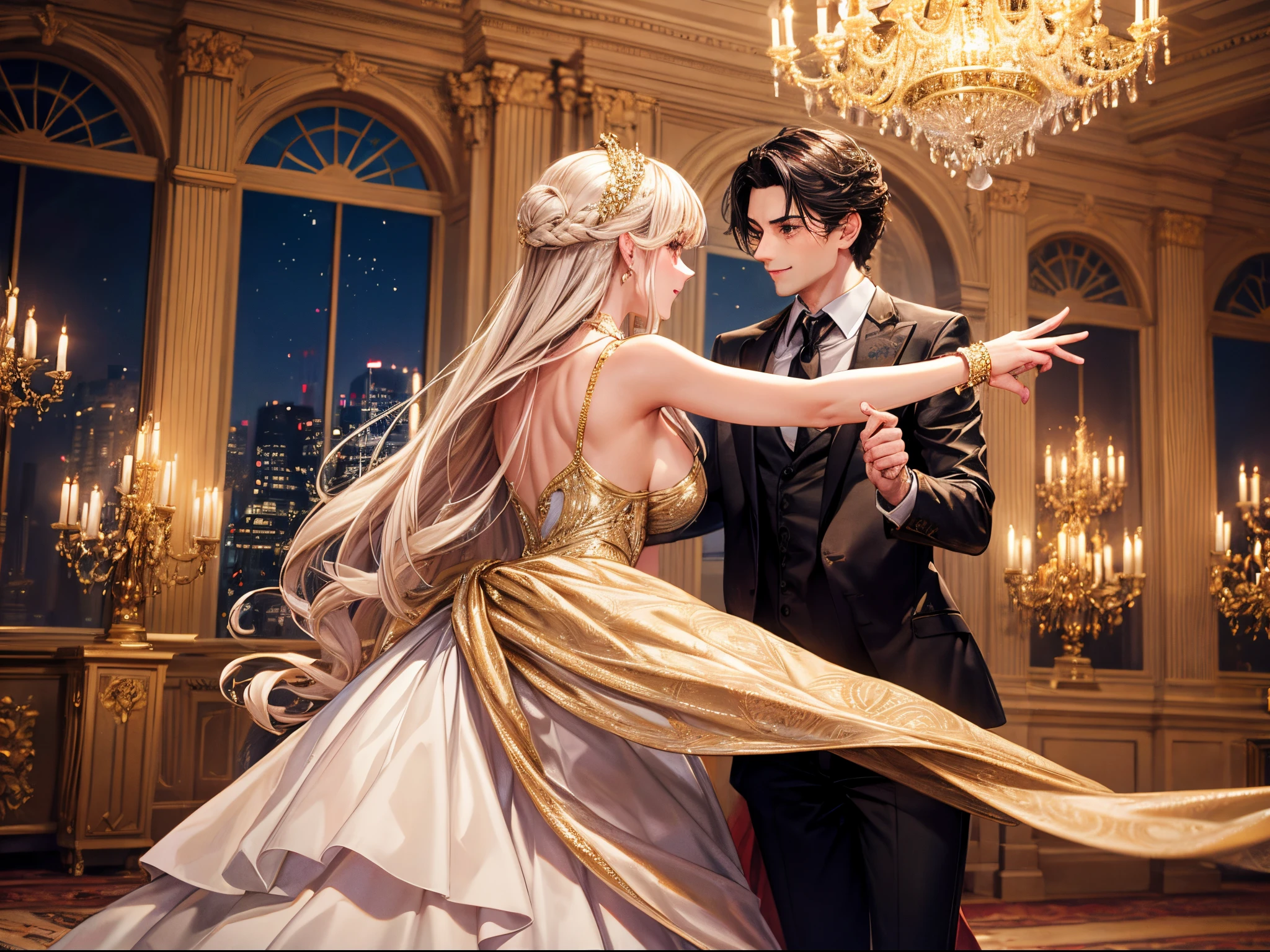 A luxurious ballroom adorned with sparkling lights, elegant decorations, and people dressed in glamorous attire, dancing the night away.