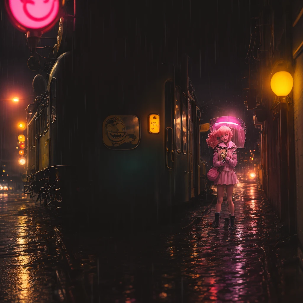 locomotive wearing sailor suit　Beautiful girl in sailor suit　Pink hair　Neon Street in the Rain　A passerby resembling an octopus　taxis