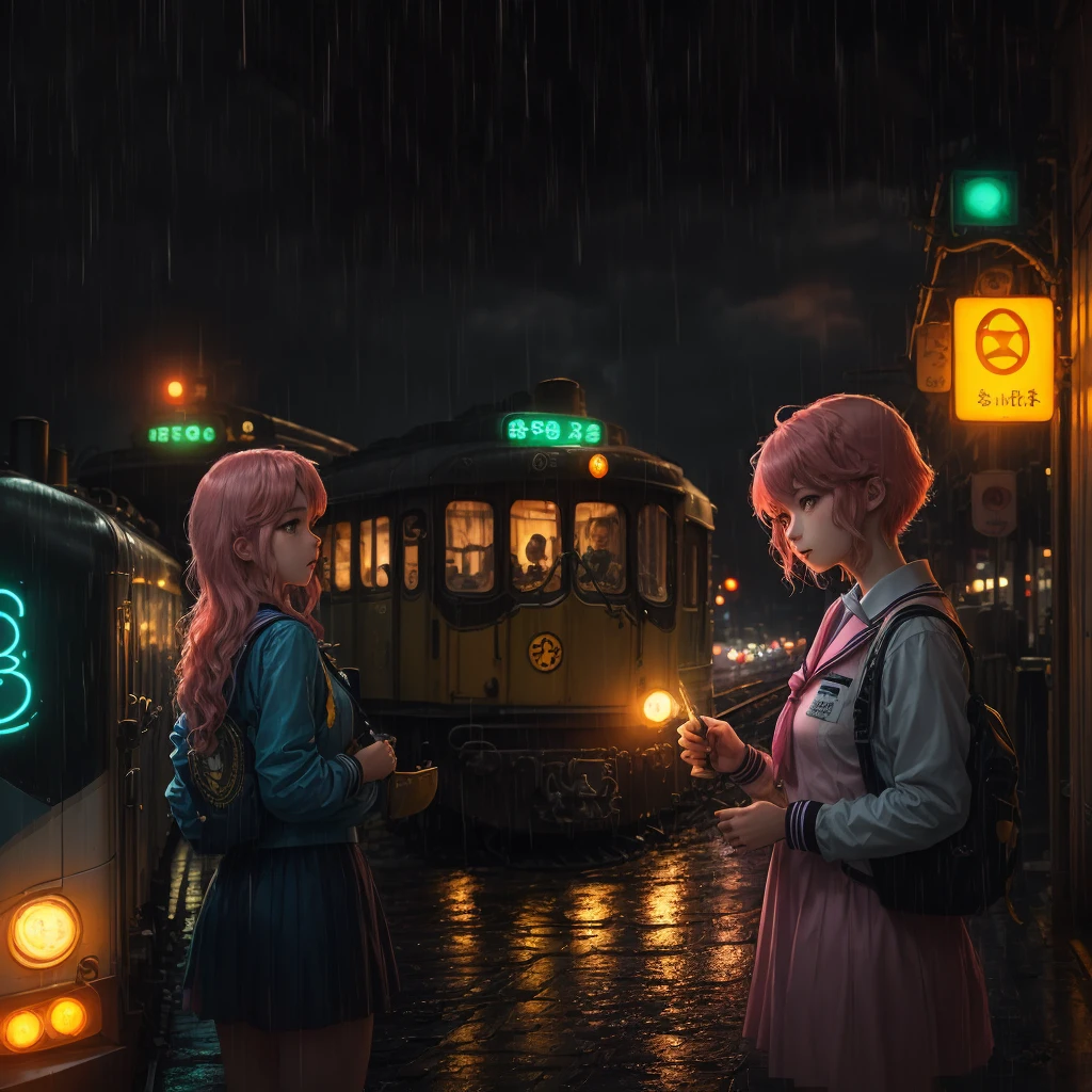 locomotive wearing sailor suit　Beautiful girl in sailor suit　Pink hair　Neon Street in the Rain　A passerby resembling an octopus　taxis