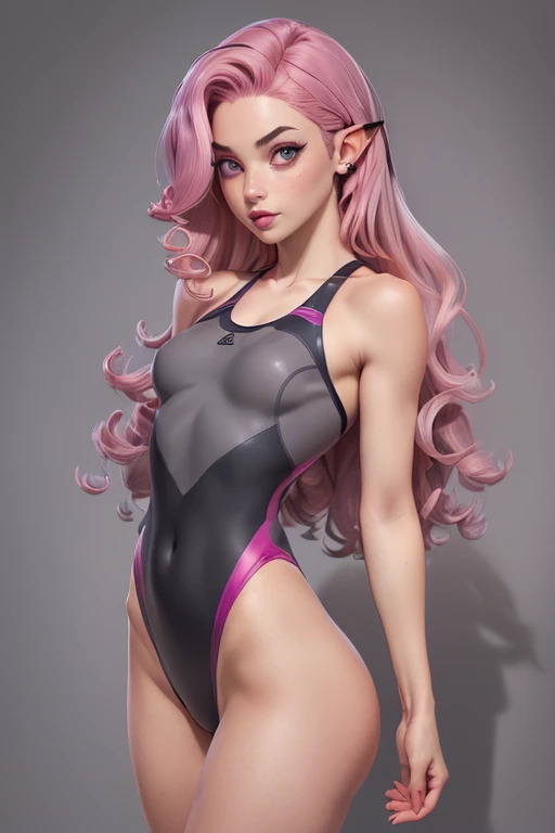 1girl, bare shoulders, (((( ((dark-grey)) swimming costume)))), (((pink hair))), (((emerald color eyes))), cleavage, earrings, elf, flat,((((small chest)))), ((((flat chest)))), ((big ass)), ((((small breasts)))), ((((flat breasts)))), lips, lipstick, (((long curly hair))), looking at viewer, makeup, medium breasts, navel, pointy ears, red lips, solo, upper body