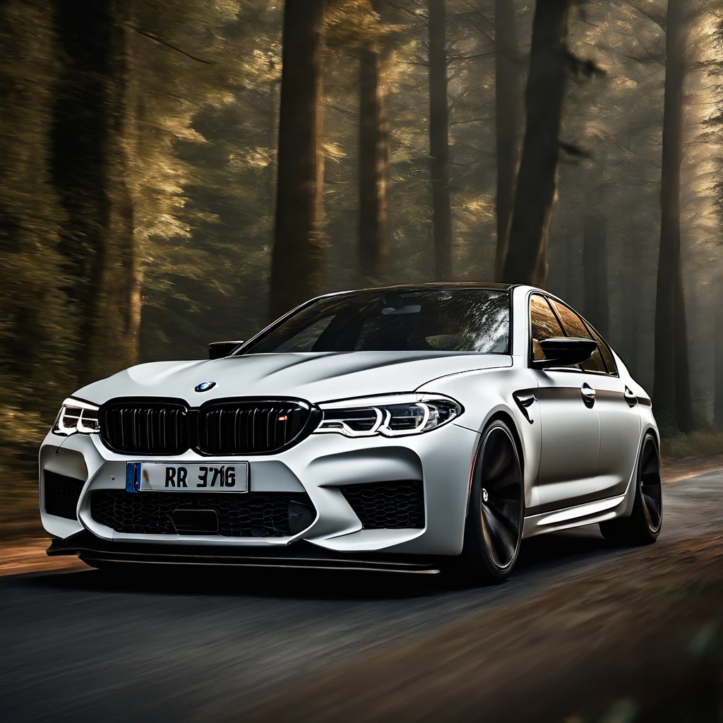 Ultra-realistic image,Forest Road,Drive the sporty white BMW M5. Gucci airbrushing on the doors