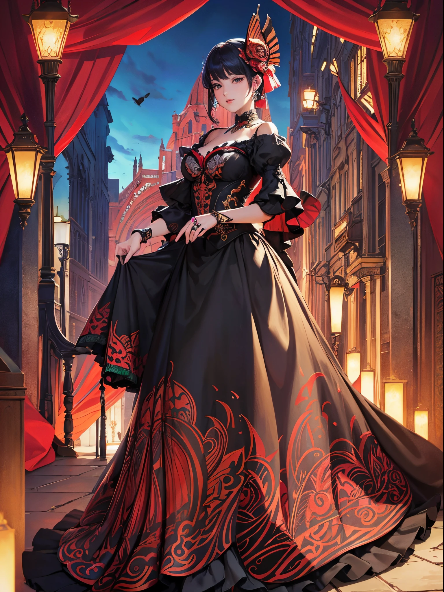 Butterfly motif、scarlet and black tones、Vibrant colors、((masterpiece)))、(((top-quality)))、((ultra-detailliert))、(A hyper-realistic)、(highly detailed CGillustration)、Official art、Florence at the beginning of the 20th century、Decadent、Madame Papillon、Cool Beauty、Masquerade、refinement、Elegance、Gorgeous、Masks that cover most of the face、Colorful and detailed mask design、matchless beauty、Fans、gorgeous dress、jewely、Female Solo、Perfect Angle、perfect-composition、full body Esbian