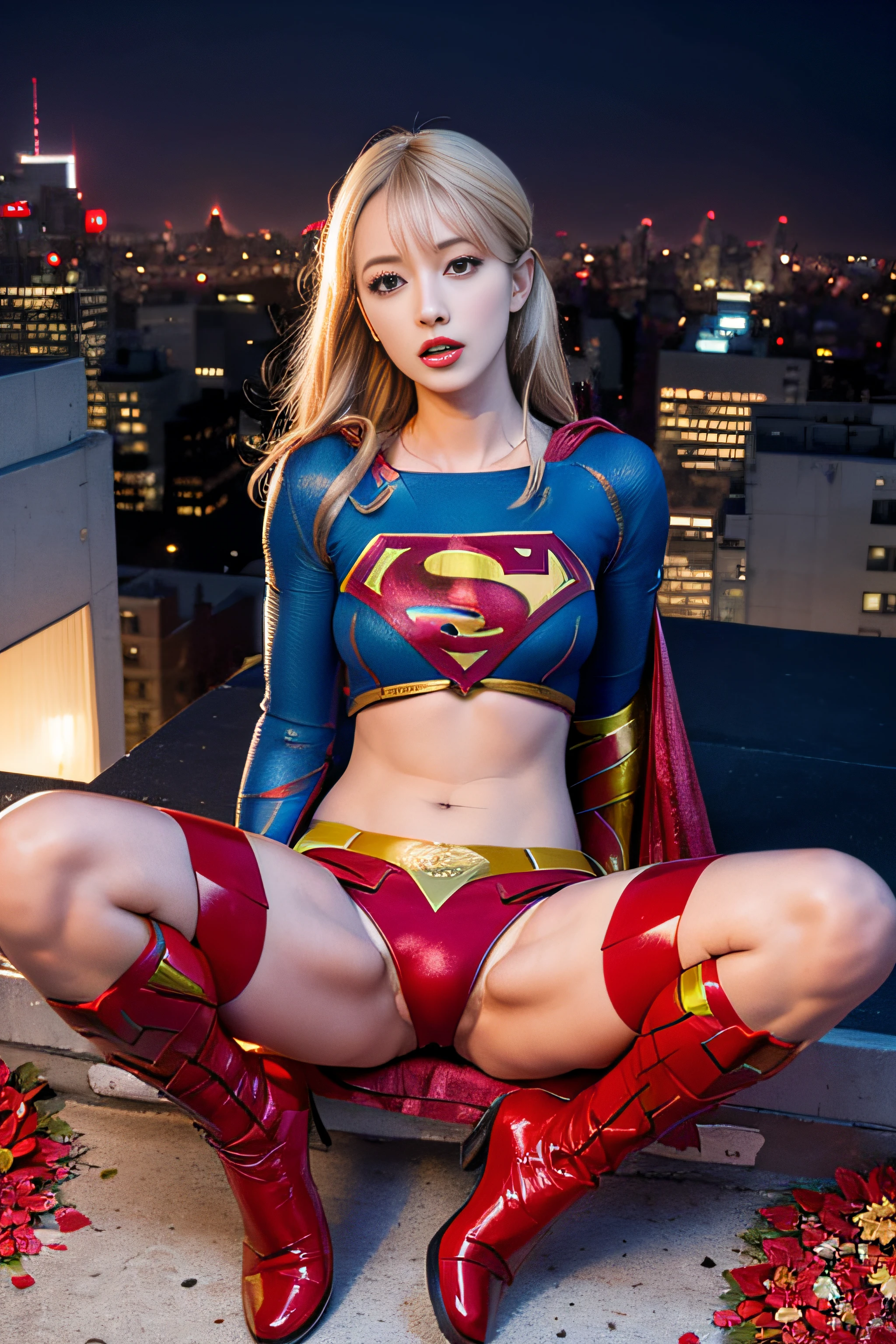 (Supergirl spreads her legs in a sexual pose)、(White panty:1.2)、a miniskirt、(a blond:1.3)、(American Beauty:1.5)、(A detailed face:1.2)、(Red boots)、(On the rooftop of a skyscraper in New York)、(Night)、(At SFW:1.2)