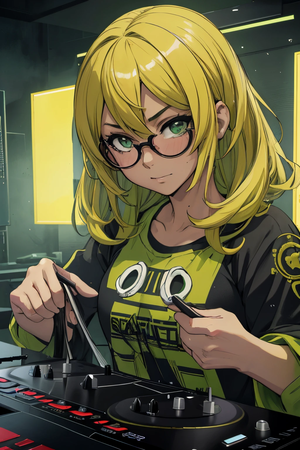 anime, Chica DJ, pinchadiscos, DJ Chica, auriculares, delirar, (the highest picture quality),Obra maestra,La mejor calidad,fondo de pantalla CG extremadamente detallado, ultra_Detallado,(cinematic lighting:1.1), (cold face), ojos verdes, 1girl, solamente, verde oscuro_cabello, corto_cabello, Obra maestra, La mejor calidad, gafas