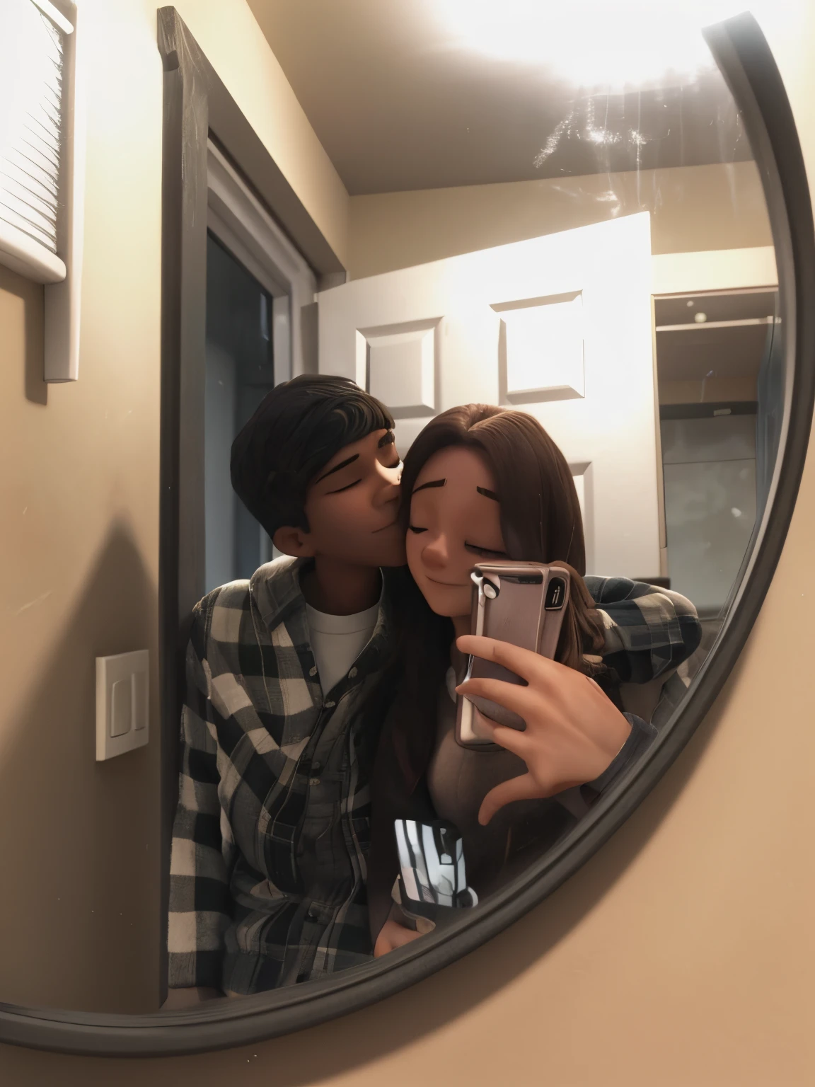 A couple taking a mirror photo in the bathroom that he beige walls and a white door. The girl is wearing a grey Nike sweater with a black and grey plaid and has white skin and burgundy hair and is smiling holding the phone. The boy has brown skin with brown hair that’s slicked back with a black beanie and white shirt with a black and white plaid and is wrapping his arm around her neck and kissing the girls head.
