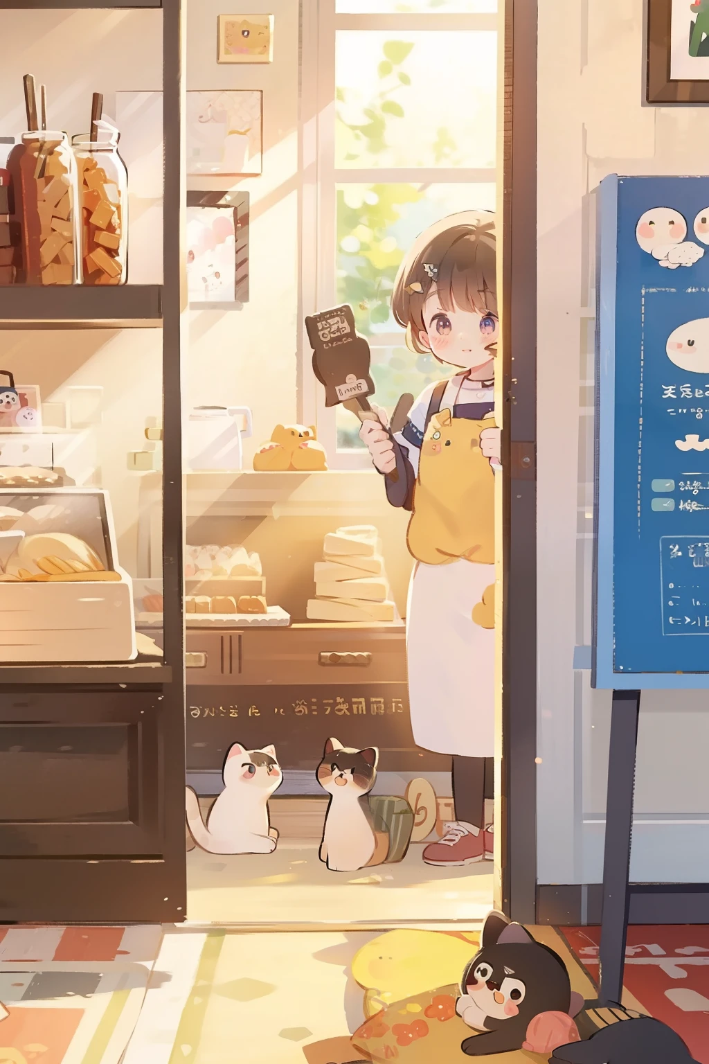 A cute cat with round eyes, At the bakery , sun light from window.