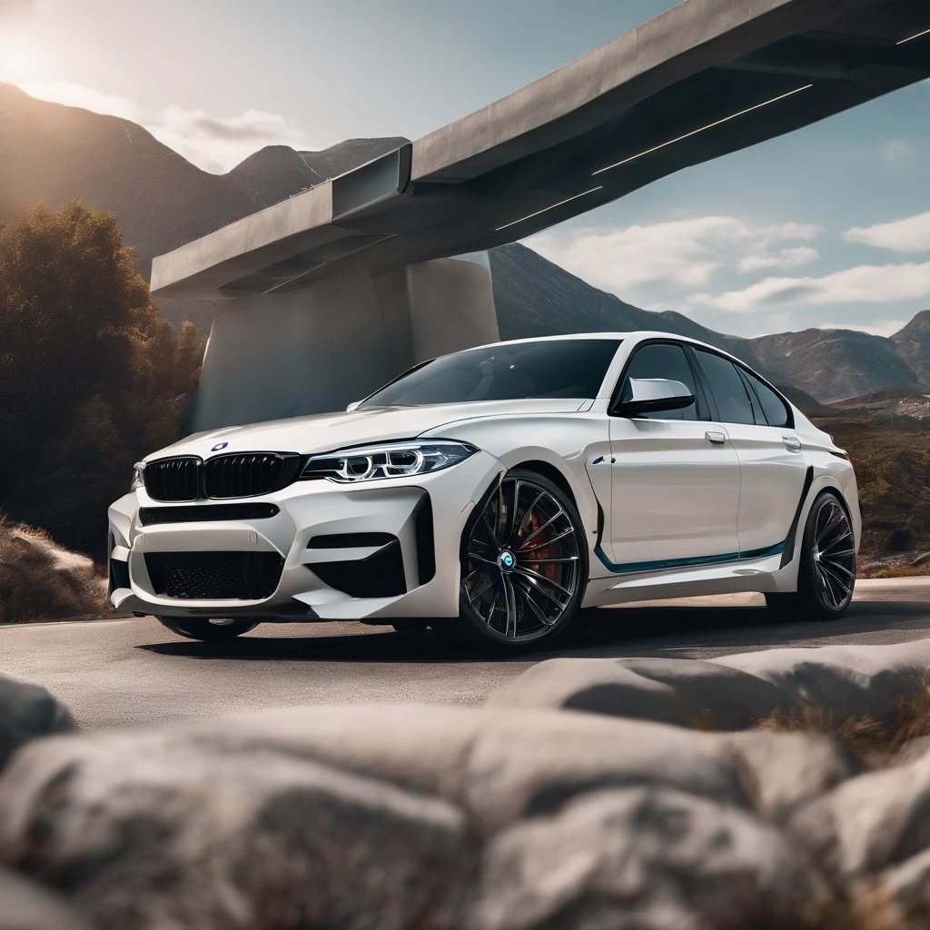 Ultra-realistic image，Mountain serpentine，Drive a sporty white BMW. drawings on the doors