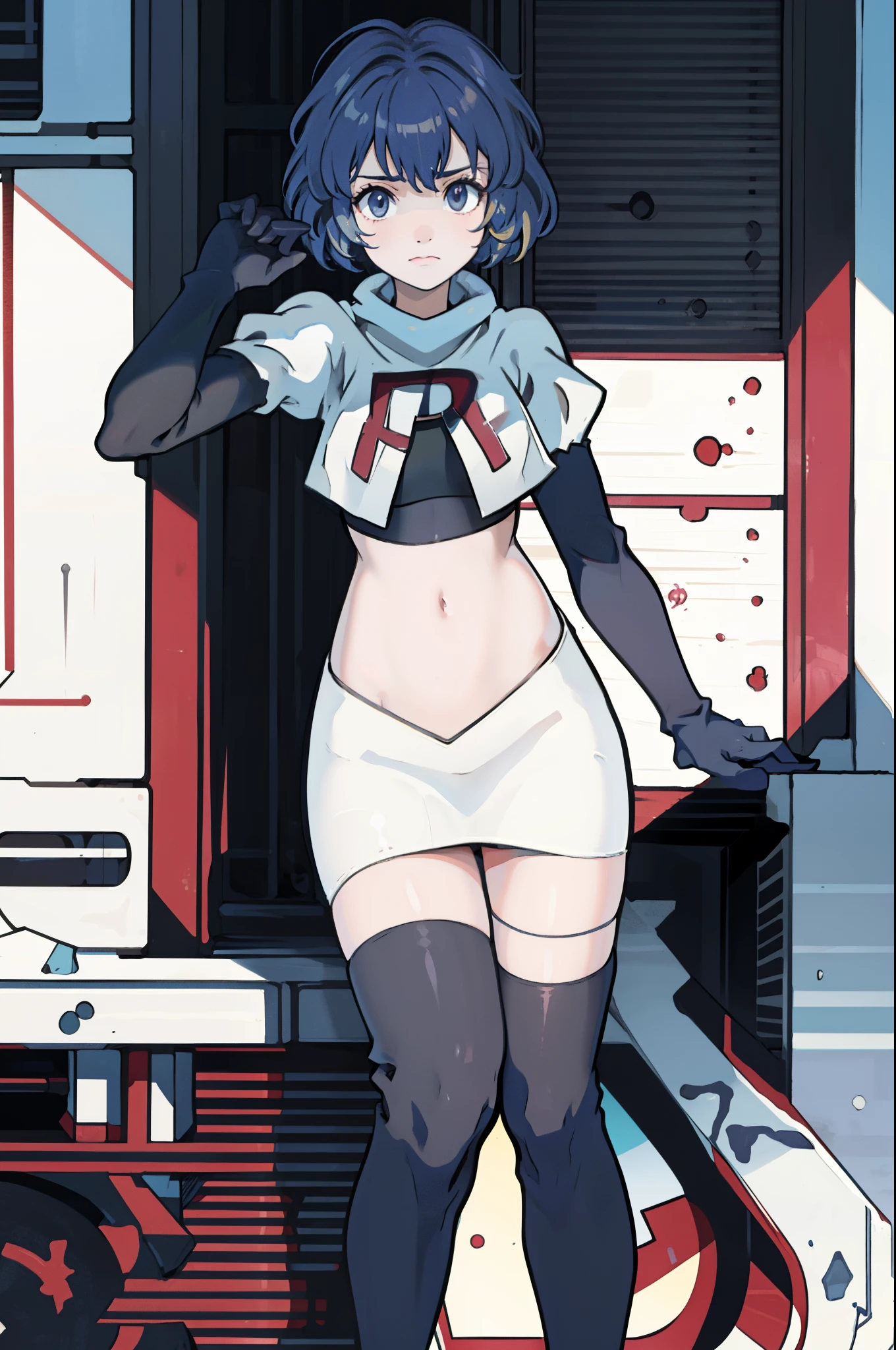 masterpiece, best quality, defBernie,team rocket,team rocket uniform, red letter R, white skirt,white crop top,black thigh-highs,black elbow gloves