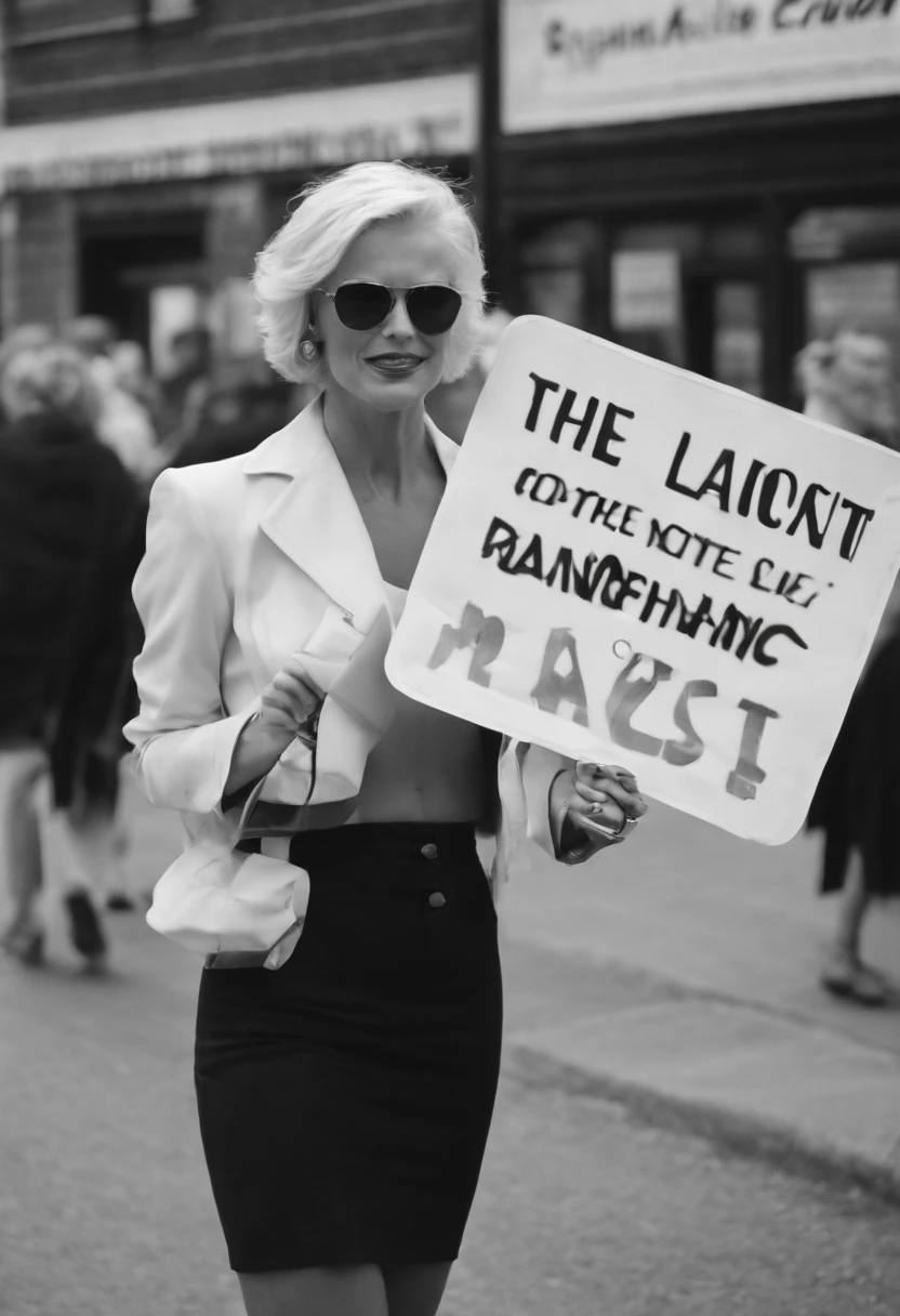A photo of Karen leading a campaign to ban explicit music from the local radio station. She is standing outside the radio station with a group of concerned parents, holding signs that say 'Stop the explicit lyrics'.,original,Bleach blonde Karen haircut. Middle aged white woman with a pinched look to her face. Slightly maniacal eyes. , female