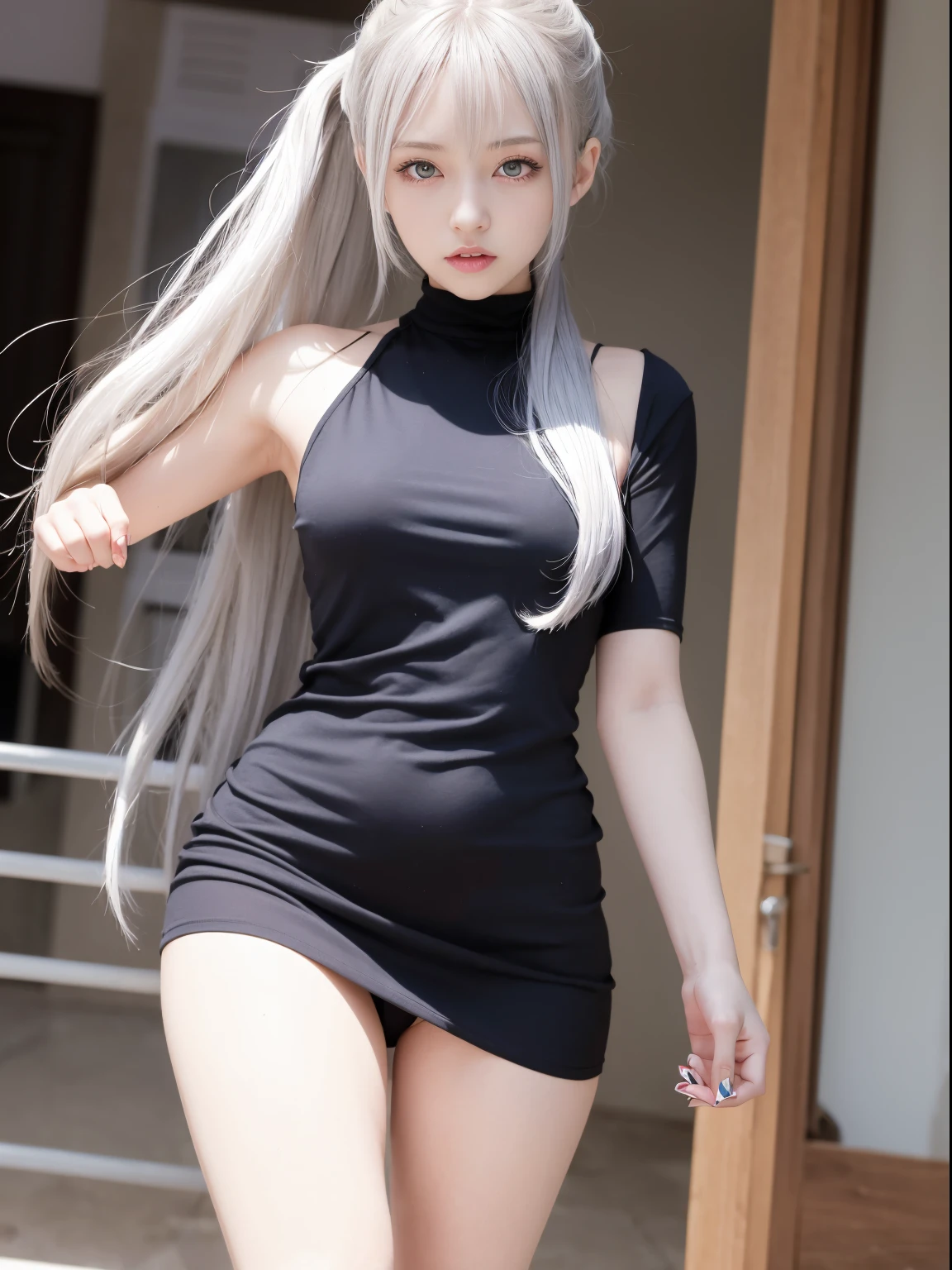 Anime girl posing with long white hair and blue eyes, anime girl wearing a black dress, Tifa Lockhart with gray hair, Silver hair (Ponytail), **** in dress, perfect gray hair girl, anya from spy x family, Seductive Anime Girl, white hair woman, blonde anime girl with long hair, Anime Girl with Long Hair, silber hair, silver hair girl