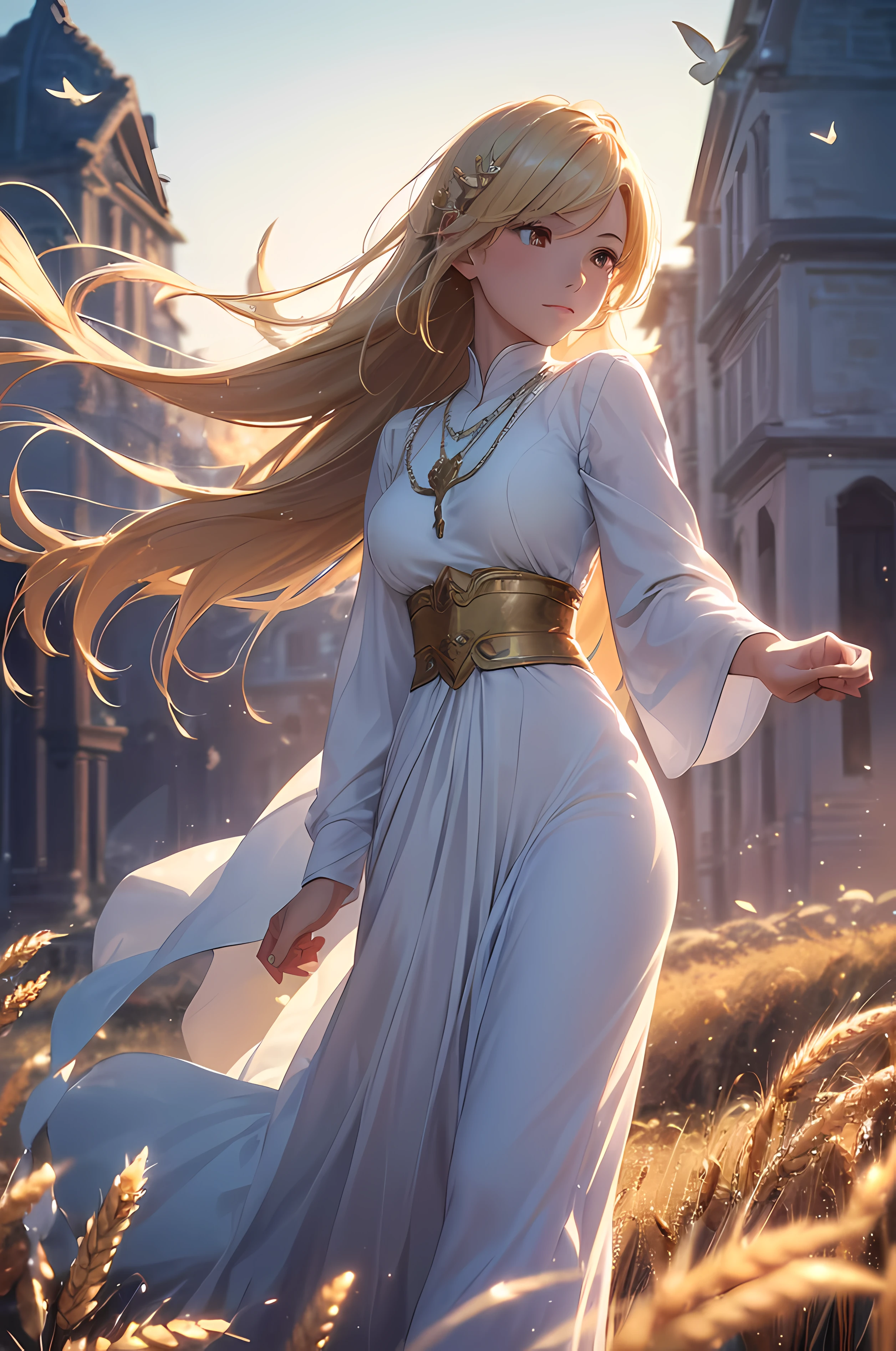 A beautiful woman, (((1 girl, solo, running, (wheat field), turning around, golden eyes, long pure white dress, middle ages, medieval outfit, long sleeves sunset, light from behind, shadow on the figure, smile, laughter, (blue sky), against the background of wheat, standing in the distance, looking at the viewer, full-length
, elegance under the sun, hair ornament, movement motion, image look alive))), ((perfect body figure, beautiful face, beautiful face, milf, age 46, royal, blazing blond color hair, ponytail hair style, beautiful skin, Extremely details hair, fine details)), (((cinematic lighting, beautiful lighting effect, creative design, full body frame, divine aura, hard harmony , shining light, perfect color transition, perfect balance of contrast, perfect color layer, perfectly smooth color blur, soft rendering, smooth color stroke, moon glare, optic lens, moonlight ray, soft colors, smooth colors blend, perfect color rendering, harmony, perfect color harmony, beautiful color, soft harmony, light particles, perfect details, intricate details, color prism, fine details, refine details, intricate clothes details, fine clothes, smooth fabric clothes texture))), Tachibana Omina art style, affectionate eyes, half a smile, slightly open mouth, a gentle expression on his face, serene scenery of grassland under the sun, grass floating around, calm, breeze and sunlight in the background, butterflies in the sky, realism, ((Best quality))),8k,((Masterpiece)),(Extremely refined and beautiful)