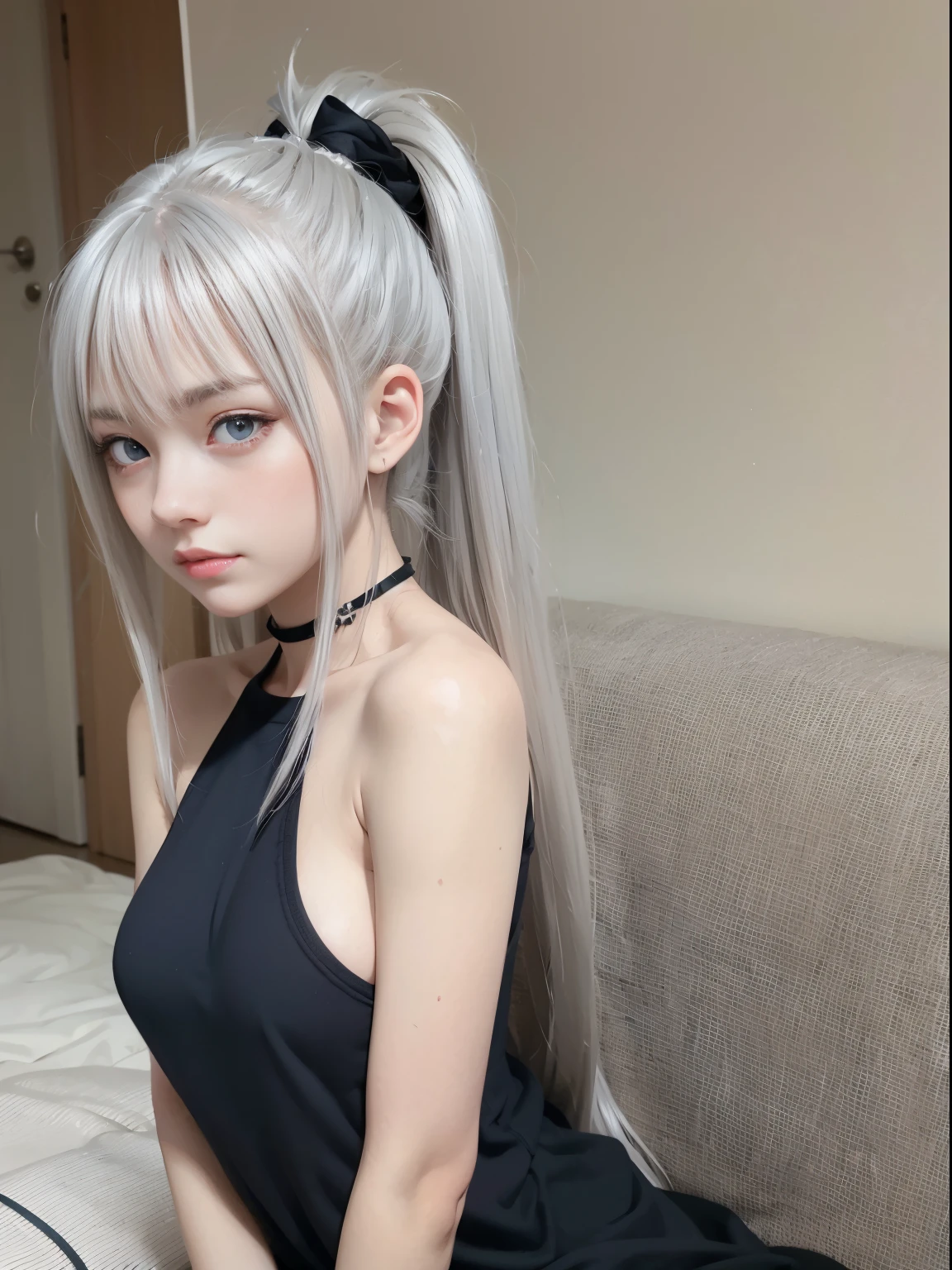 Anime girl posing with long white hair and blue eyes, anime girl wearing a black dress, Tifa Lockhart with gray hair, Silver hair (Ponytail), loli in dress, perfect gray hair girl, anya from spy x family, Seductive Anime Girl, white hair woman, blonde anime girl with long hair, Anime Girl with Long Hair, silber hair, silver hair girl