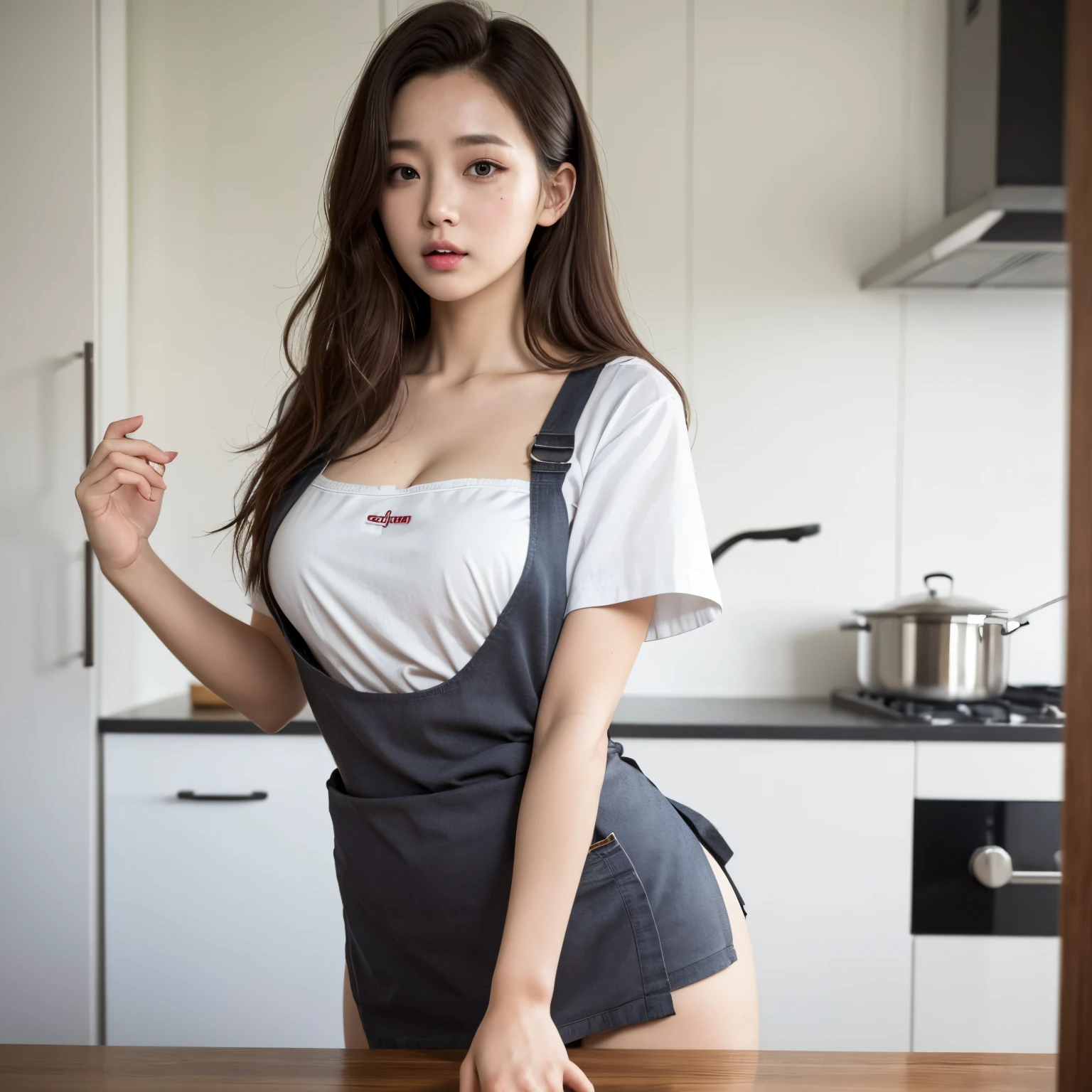 (surreal), (figure), (High resolution), eye for detail), (highest quality), (Super detailed), (table top), (wallpaper), (detailed face), alone, (dynamic pose), one girl, I&#39;m in the kitchen, Are standing, Wavy burgundy hair, Her hair was tied in a bun at the back of her head., Korean, blue eyes, ((apron)), , exposed shoulders, Tightening abs, thin and long legs, (camel toe), Wearing a T-back, 赤い模様のapronを着て, panty shot, , stick your butt out at the viewer, looking at the viewer