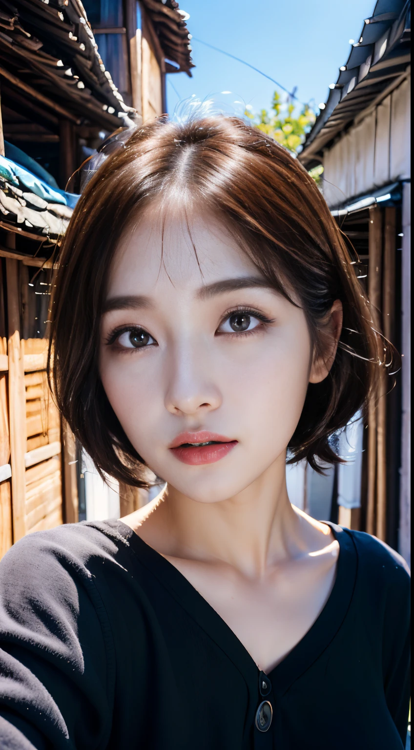 ((Best quality, 8k, Masterpiece :1.3)), adorable, full body, ulzzang 1 girl, youthful, delightful cute face, random hair, black hair, detailed hair, random boyish outfit, aesthetic selfie, ultra-detailed face, perfect face, extremely perfection, detailed eyes, double eyelid, big doe-eyed, black eyes, straight nose, detailed nose, long eyelashes, detailed eyelashes, v-shape face, ullzang selfie, random pose, aesthetic pose, (random aesthetic background), iphone camera selfie