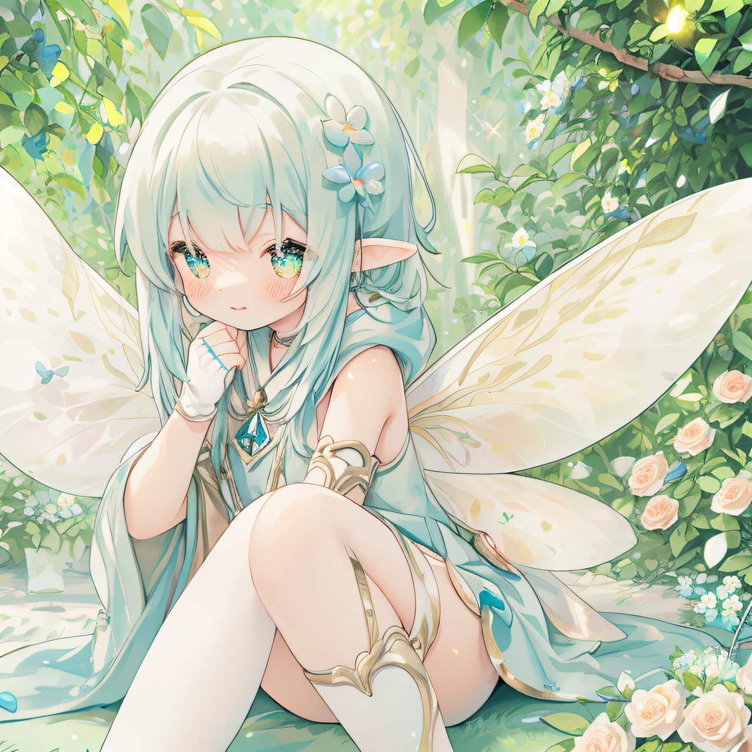 1girl in、(PastelColors:1.3)、(Cute illustration:1.3)、(watercolor paiting:1.1)、(Wearing big sparkling flower fairy wings:1.8):1.3)A smile、Forest hunters'Facial expressions of,Physical education sitting、
Forest green hooded cloak with elf embroidery,
Tunics and leggings inspired by nature,head band、
Lace-up leather bracer and knee-high boots,
leaf shaped pendant, Fingerless gloves, feather quiver,
Detailed drawing、Vibrant colors、striking contrast、intricate detailes、Delicate depiction、Luminescent、、From the side、Beautiful facial features、Brightly colored eyes、Wearing intricate and delicate ornaments、glowing aura、Radiant hair,Illuminated by the morning light、Thick wool gown:0.3