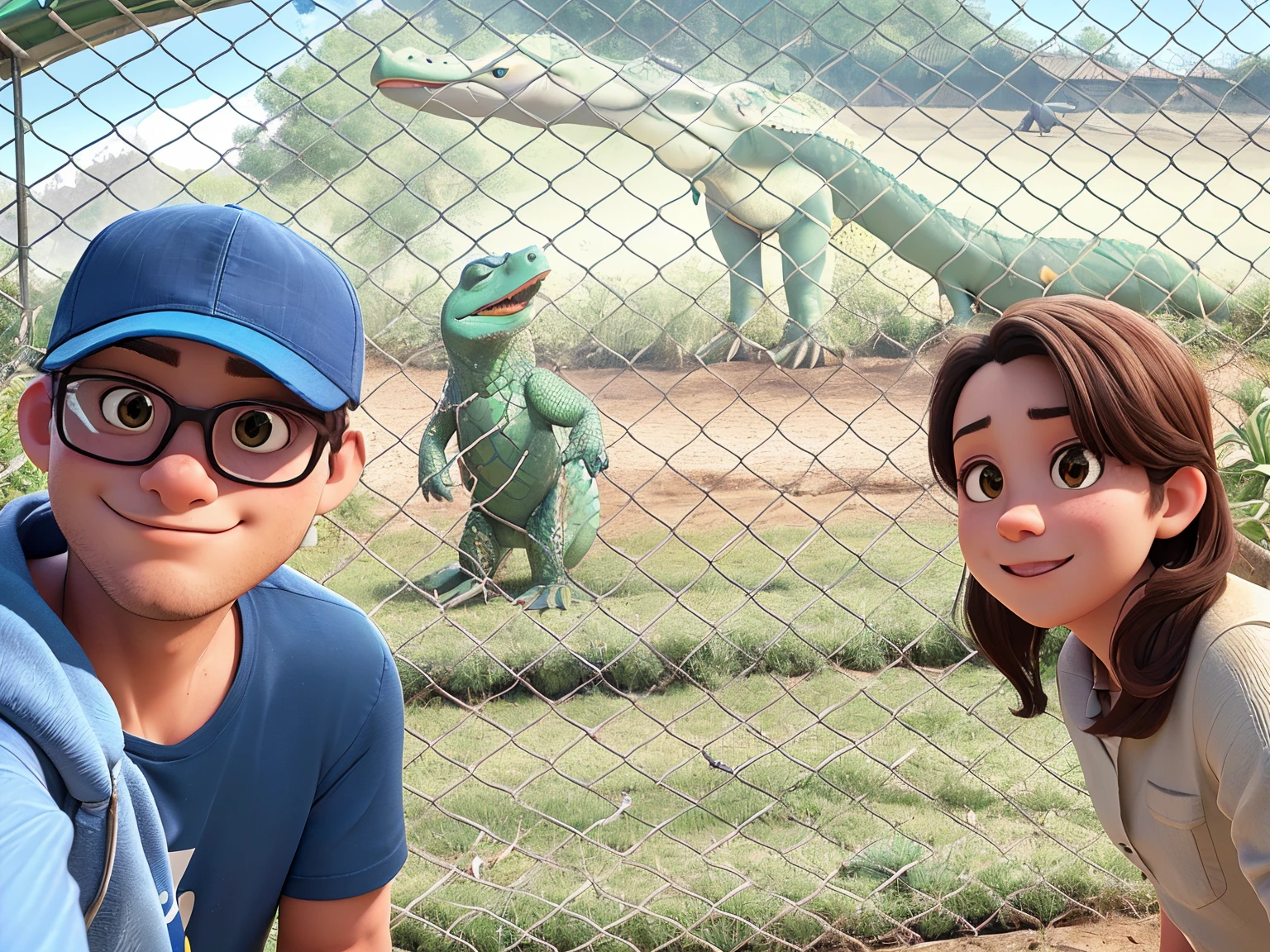 Man and woman taking picture next to a large crocodile inside a fence, real picture taken in zoo, taken with sony alpha 9, taken in zoo, in the zoo exhibit, taken with the best dlsr camera, selfie, shot with iphone 1 0, crocodile in the background, low quality photo, picture taken in zoo, shot on nikon z9, facebook post