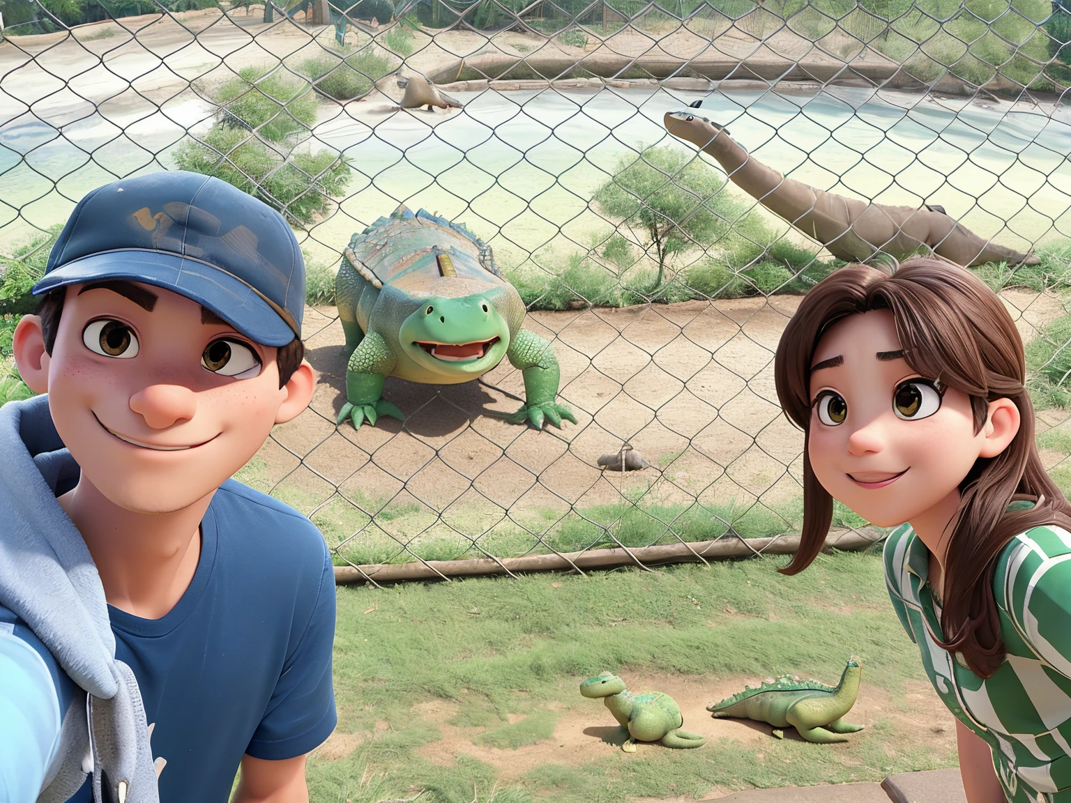Man and woman taking picture next to a large crocodile inside a fence, real picture taken in zoo, taken with sony alpha 9, taken in zoo, in the zoo exhibit, taken with the best dlsr camera, selfie, shot with iphone 1 0, low quality photo, picture taken in zoo, shot on nikon z9, facebook post