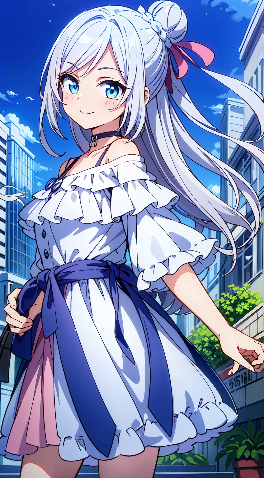 (Absurd realistic structure details),(High resolution complex and detailed text quality),(High-resolution microstructure、High Poly 3D Rendering Correction),Methods of geometry,Careful explanatory anatomy, 

BREAK,



1 beautiful girl, 1girl in, (Cute:1.5),(Cool:0.8), (Beauty:1.5),(Chibi:0.5), (17 years old girl), (girl, Older sister, Unclear, Beautiful face of Japan:1.2) BREAK, (A detailed eye,Tsuriformes:1.2),(Silver hair,Long hair in a bun,Deco:1.8), star eye silhouette, (long eyelashes, Double eyelids:1.2), cleavage, ,Swaying udder, Clear skin, Beautiful skin, Shy, Erect ,Clear skin, Beautiful skin, Shy, gleaming skin,(best quality face),(Top quality glowing eyes),(The best smile,Doya face:1.45), BREAK (Pink Theme:1.4), (Vivid colors:1.3), (off shoulder shirt, White shirt, Puffy Short Sleeves:1.3), Belt bag,(Skirt, with floral pattern:1.2),tie,(lace-up boots:1.1), 

BREAK,(early evening),Walking,a closed mouth,(architecture, building, Choker, city, Cityscape, Outdoors, potted plant,Street, Town:1.55), Waterfall,depth of fields,

 BREAK,wakame,wakame,wakame,(Dynamic Angle:1.4), 

BREAK,(Blurry background:1.3),(absurderes, hight resolution, Super Detail Art),cel shading,Clear Color, Lonely optical effect, Beautiful pictures, Bright glow, mystic atmosphere,(Close-up of girl:1.1), Mystical light particle effect,manga influence, clean line drawings,