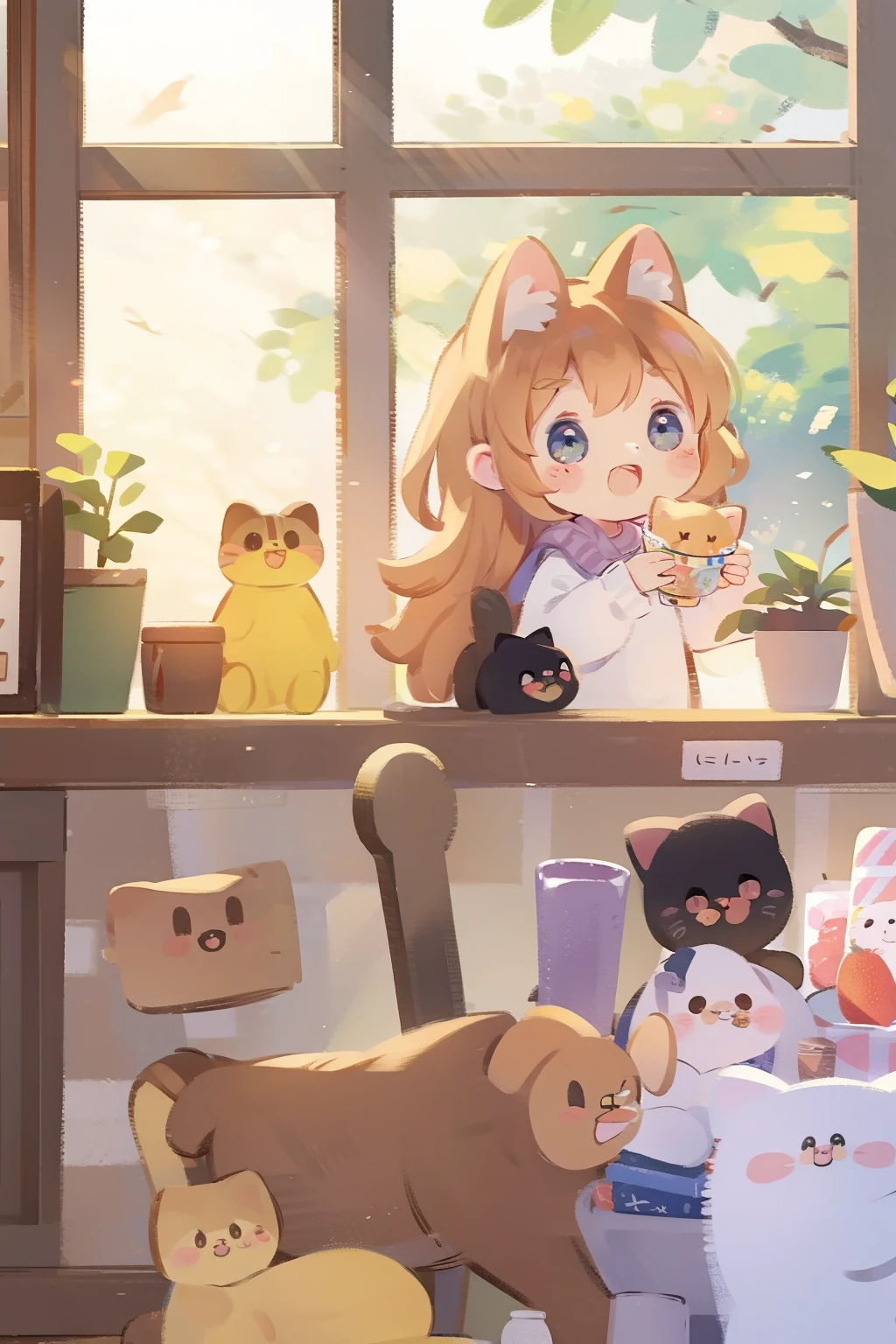 Cute cat, At the bakery , sun light from window.